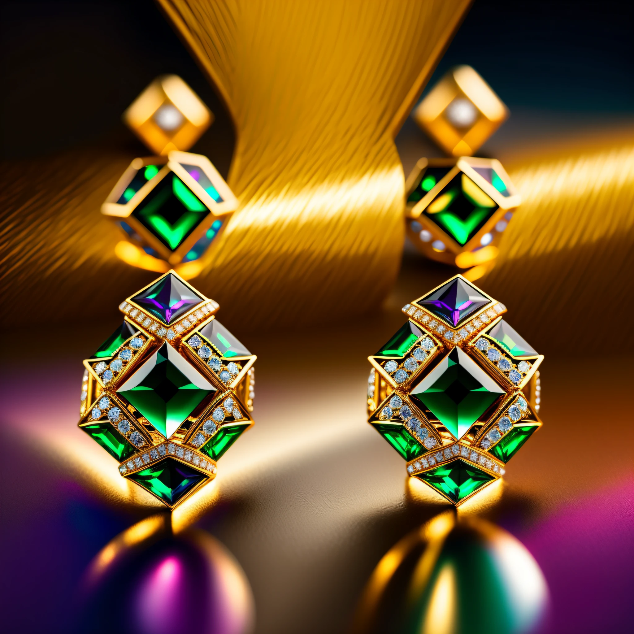 CLOSE-UP, TOP VIEW AT 45 DEGREES, PRECIOUS EARRINGS WITH ELABORATELY CARVED ORNAMENTS ON YELLOW GOLD, EARRINGS WITH LARGE EMERALDS FRAMED BY SMALL SAPPHIRES, BACKGROUND BLACK, ON BLACK GLASS THE EARRINGS LIE AND ARE REFLECTED IN IT, REFLECTION 50% ATTENUATED, GRIP LARGE, HYPERFOCAL PHOTO, PHOTO STACK, CONTRASTING LIGHT FALLS ON EARRINGS AND IS REFLECTED AS IRIDESCENCE ON FACETS OF CUT, LOOKS EXPENSIVE AND STUNNING, ULTRA FINE DETAIL, HYPER SHARP, PHOTOREALISTIC, LOOKS EXPENSIVE AND STUNNING, SCENIC, FABULOUS, HIGH RESOLUTION 100 MEGAPIXELS, IGOR SAKHAROV STYLE PHOTO