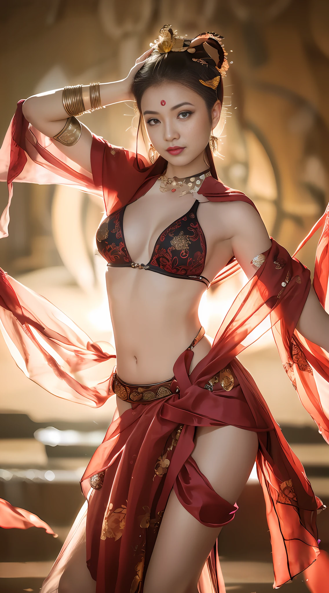 Masterpiece, (best quality: 1.3), ultra-high resolution, original photos, detailed skins, beautiful lighting, (realistic, realistic: 1.4), 2girl, Dunhuang, sunset, hands outside the frame, feet outside the picture, full body, Dunhuang, flying sky, dance moves,