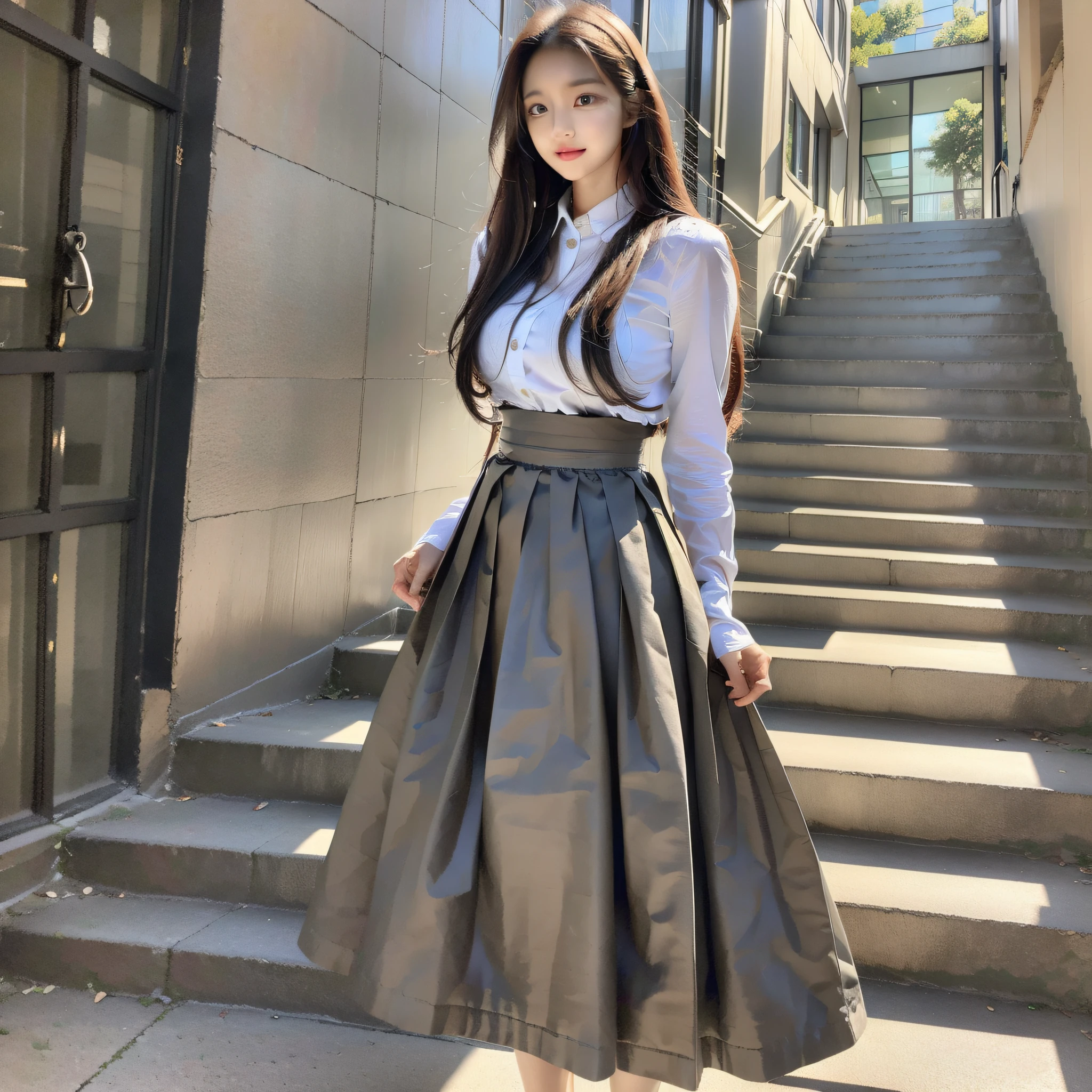 There is a woman standing on the steps, long hair, fine skin texture and cloth texture, fine eyes, long eyelashes, double eyelids, wearing fluent long clothes, wearing fluent mid-skirt, mid-skirt, hanbok apron, bae suzy, mid-skirt apron, wearing fluent clothes, Ghibli anime style, wearing skirt, milk and mocha style, gray skirt, inspired by Shen Se-jung, casual clothing style, skirt