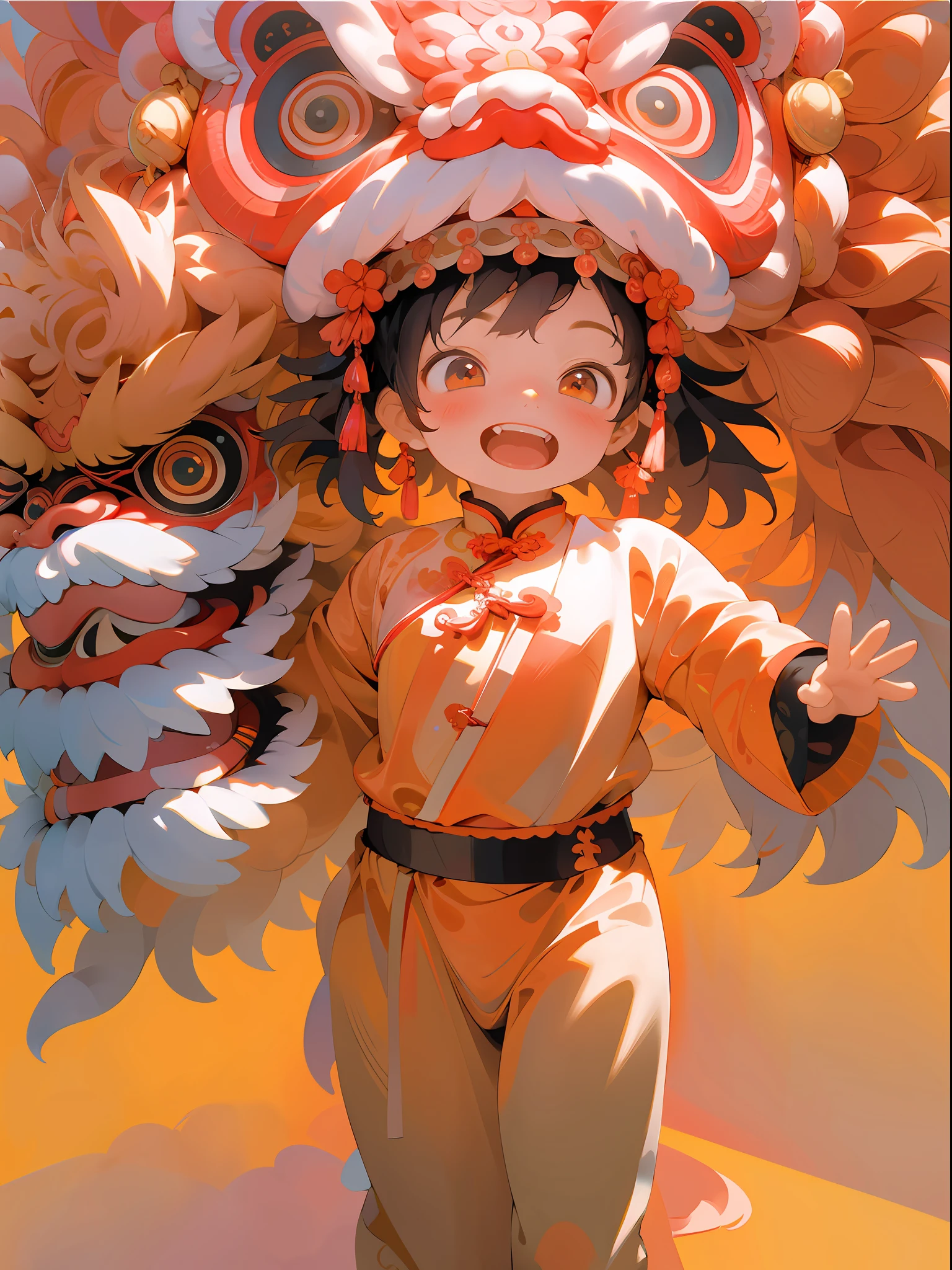 A boy, toddler, cute, laughing, red lantern, chinese year, indoor, chinese clothes, chinese style, red, lion dance