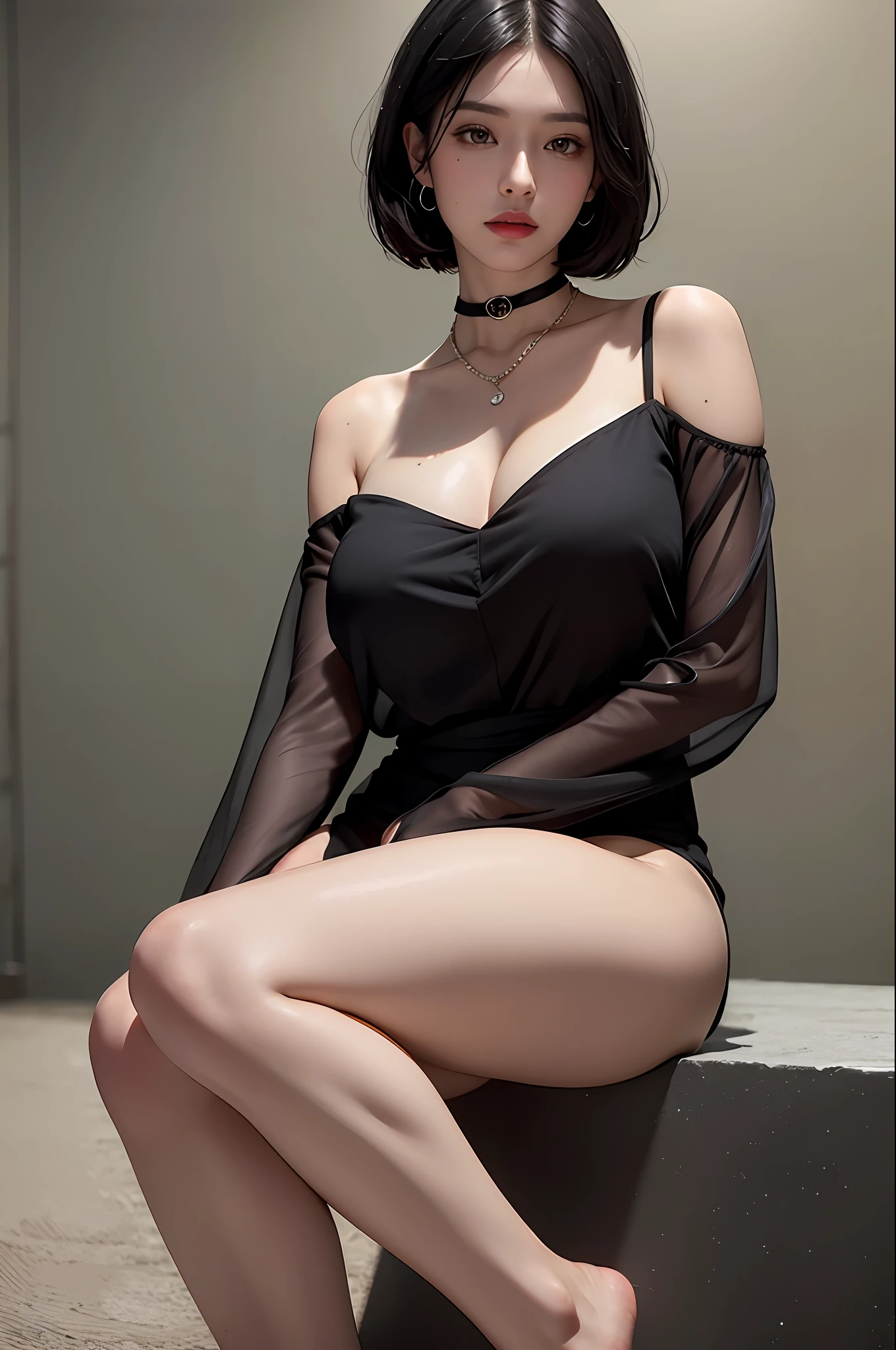 Black hair bob, (8k, RAW photo, photorealistic: 1.25), (very much lip gloss, many eyelashes, highest quality, ultra high resolution, depth of field, chromatic aberration, caustics, wide light, natural color, Japanese , Female in her 30s) Staring at the viewer, necklace, bracelet, choker, full body, big breasts, mole on chest, bare legs, see-through blouse