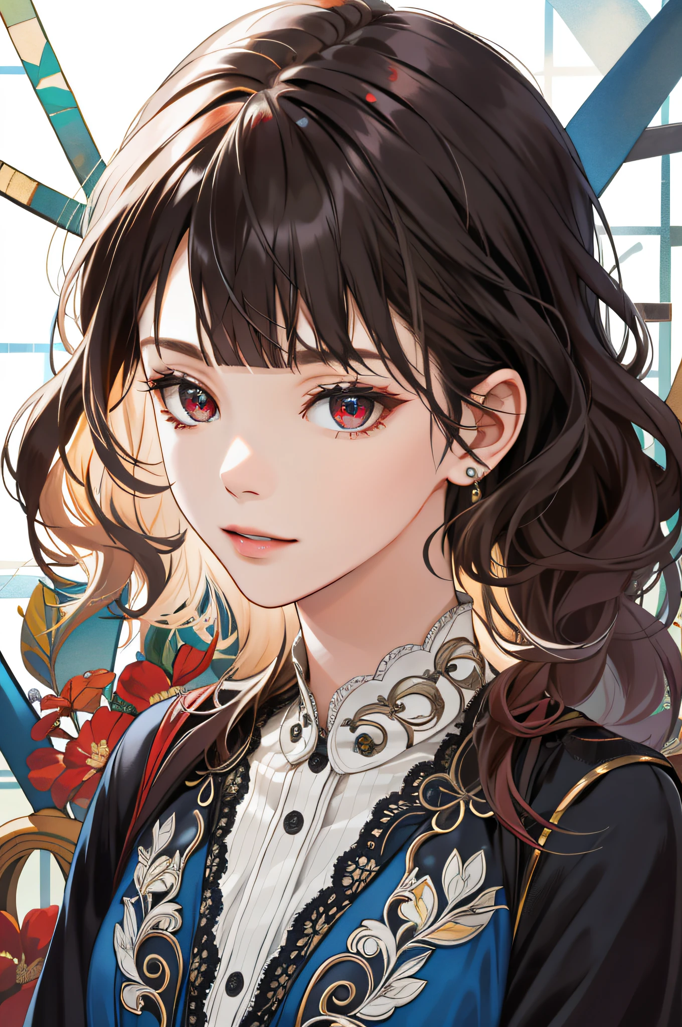 (Ridiculous, high resolution, 8k, super detailed), 1girl, mature female, wavy hair, long hair, blunt bangs, red eyes, dress, long sleeves, delicate eyes and delicate face, intricate details, BREAK mosaic art, small pieces, colored inlays, intricate patterns, tile design, durable surfaces, time-honored technical BREAK macro photography, extreme close-up, intricate details, magnified textures, amazing clarity, hidden beauty, immersive perspective BREAK, handmade, handmade, unique design, intricate details, creative expression, skilled craftsmanship,