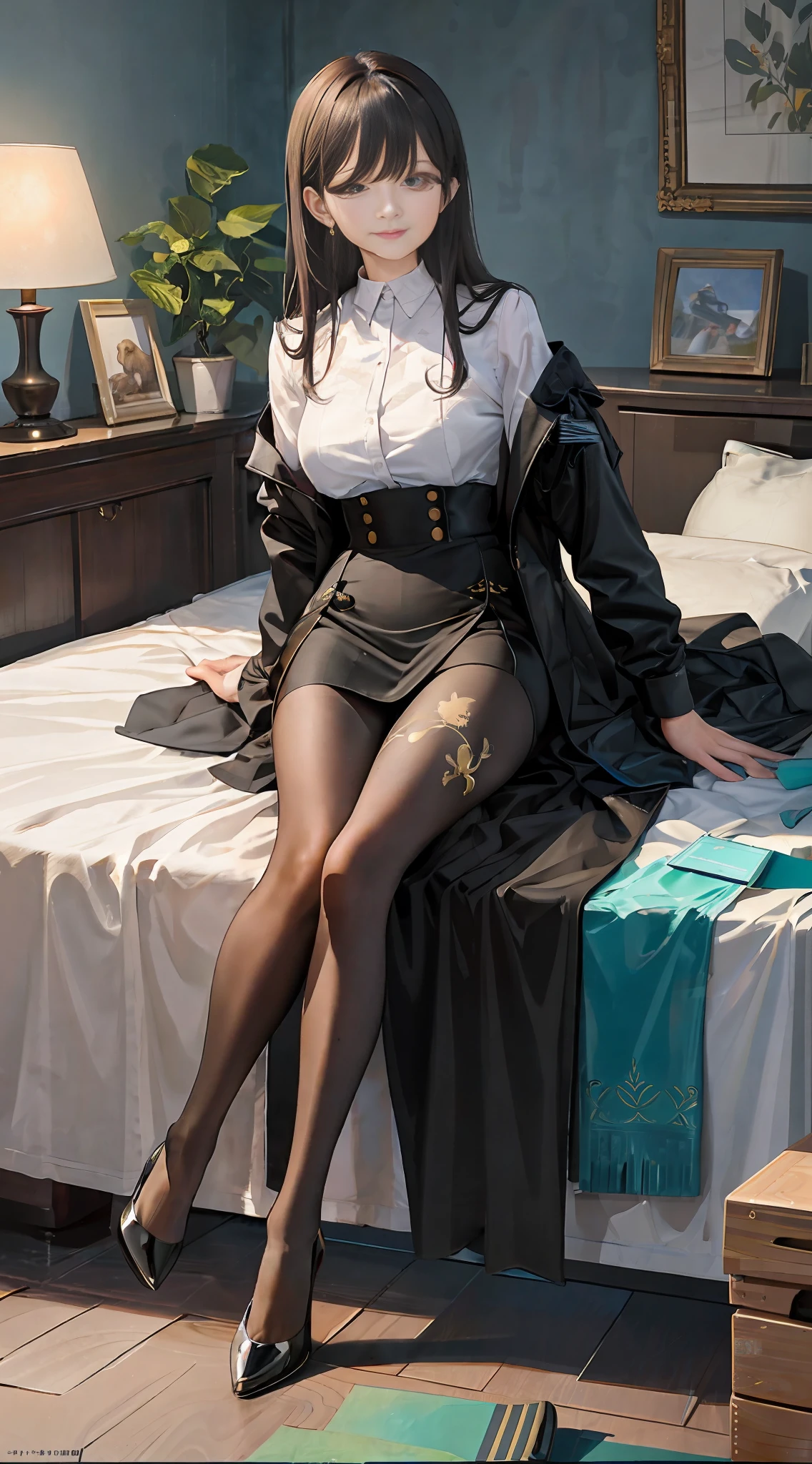 (Masterpiece: 1.2), best quality, high resolution, uniform 8k wallpaper, (illustration: 1), close-up, lower body, pantyhose, black high heels, printed leggings,