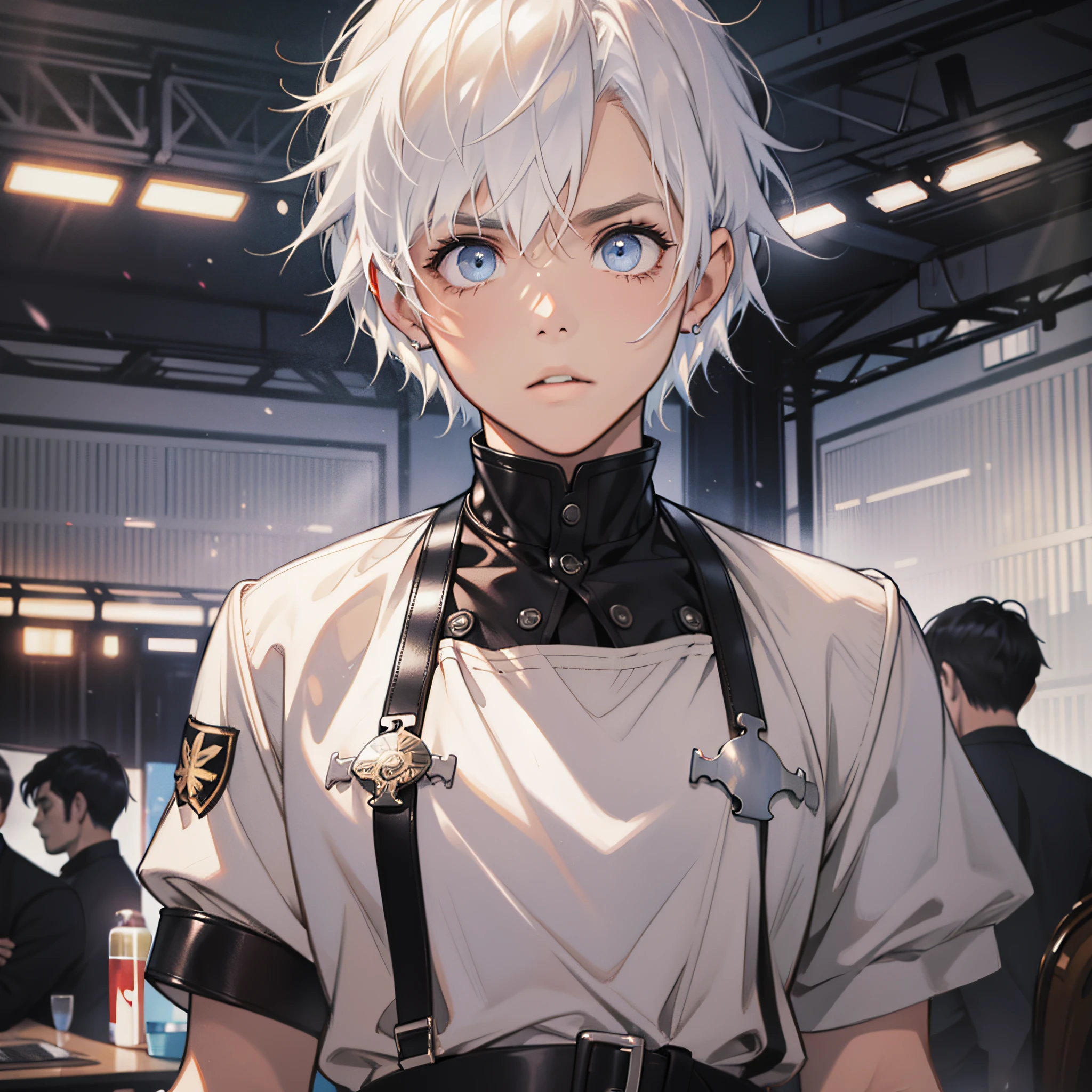 Man, short white hair, fine eyes, standing, looking at the audience, puzzled expression, facing the interface