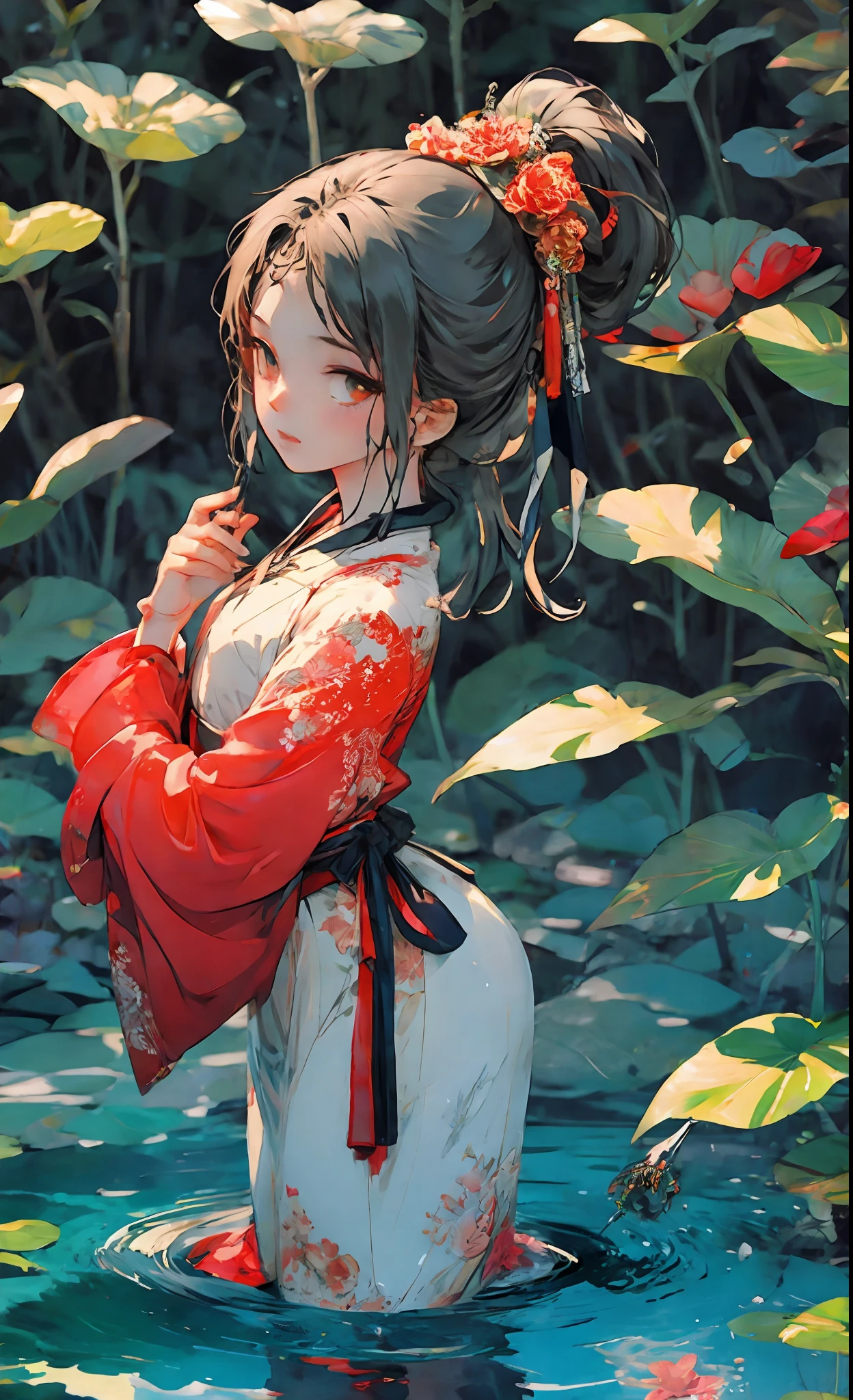 Cold facial features, high nose bridge, slender eyes, hanging eyes, adult female, thirty-year-old female, serious expression, cold, masterpiece, best quality, official art, 8k wallpaper, very detailed, a girl, ancient chinese clothing, full body, sunlight, clear face, clean white background, masterpiece, super detail, epic composition, ultra hd, high quality, extremely detailed, official art, uniform 8k wallpaper, super detail, 32k red pupils, an extremely delicate and beautiful girl, 8k wallpaper, Best quality, full body close-up, white long dress, luxurious silky bright red chiffon flood (illusion, glitter, ultra-thin, soft,) Hanfu illustration, 1 girl, sky blue hair, long hair, detailed eyes, Forrest Gump, bare shoulders, Hanfu, lake, pure, soft smile, bamboo, tea, high quality, masterpiece, masterpiece, exquisite facial features, delicate hair, delicate eyes, delicate colored hair, 4K picture quality, brilliant light and shadow, Tyndall effect, halo, messy hair, youthful state, gorgeous scene, exquisite clothes, chains , feathers, big eyes of ancient Chinese beauties very detailed, digital painting, artstation, concept art, clear focus, illustration, art by Greg Rutkowski and Alphonse Mucha and Victo ngai