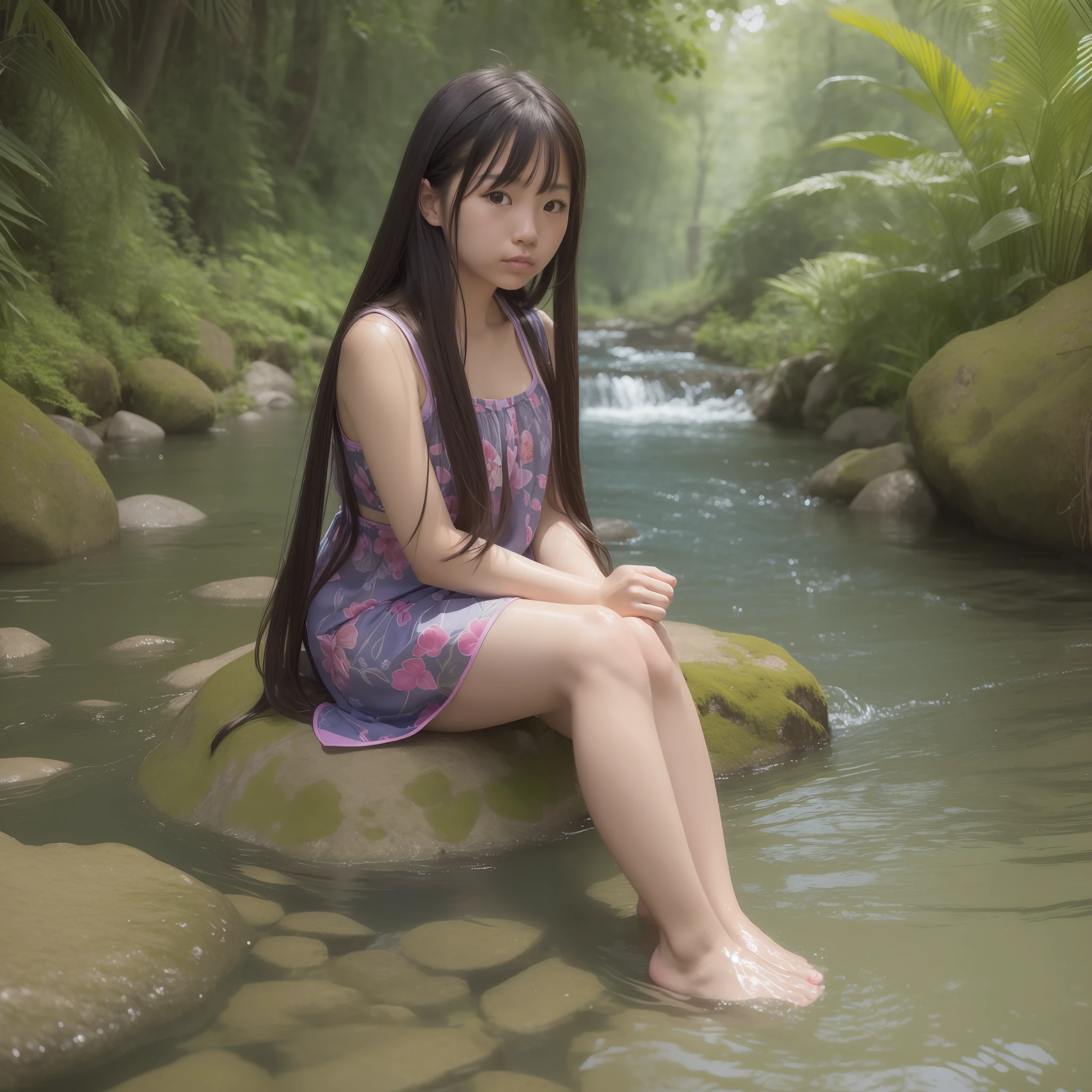 there is a woman sitting in the water with her feet in the water, sitting near a river, young asian girl, of a youthful japanese girl, cute young girl, young and cute girl, standing in a shallow river, hyperrealist portrait in a river, in water, in a river in the jungle, portrait of a japanese teen, asian girl with long hair