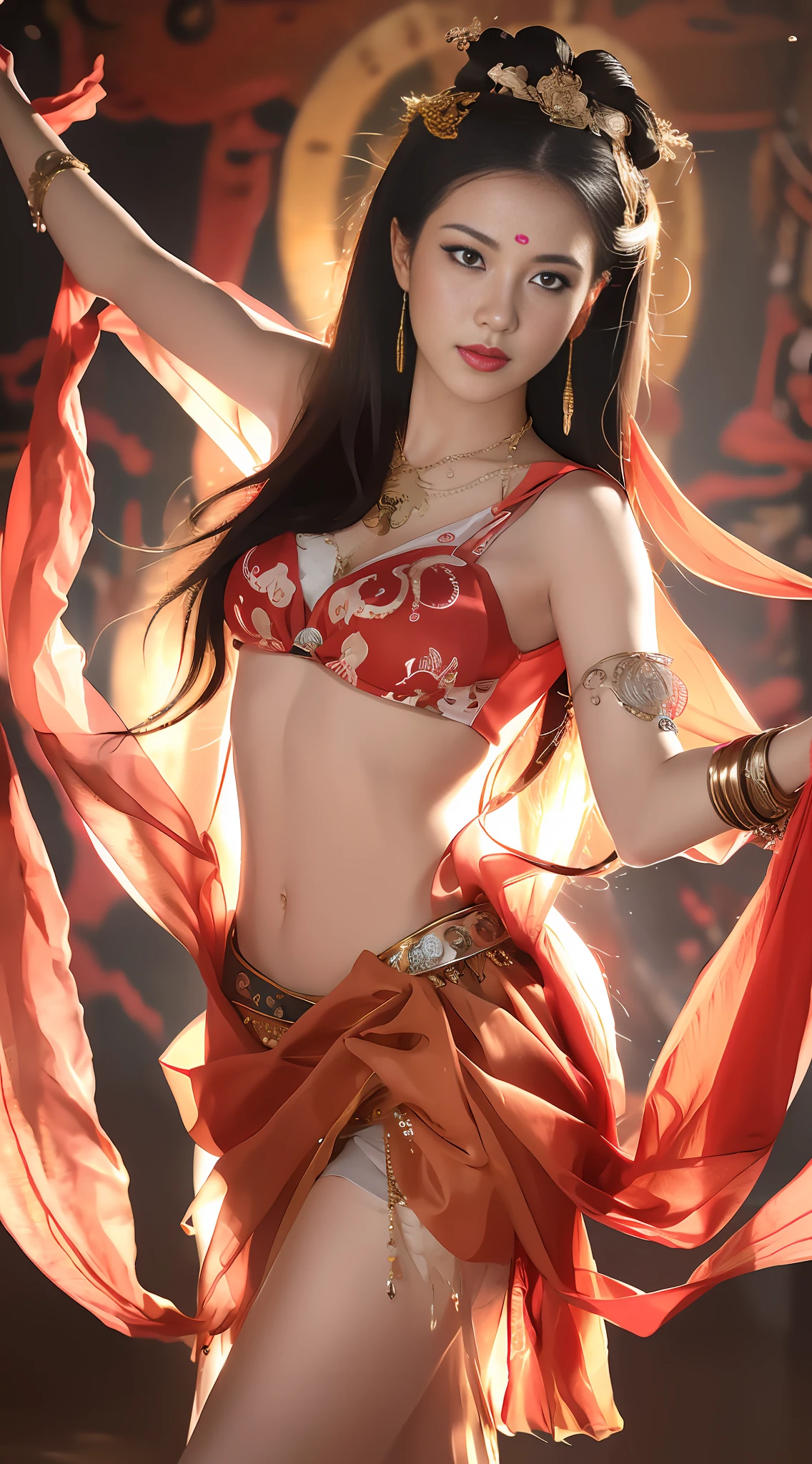 Masterpiece, (best quality: 1.3), ultra-high resolution, original photos, detailed skins, beautiful lighting, (realistic, realistic: 1.4), 2girl, Dunhuang, sunset, hands outside the frame, feet outside the picture, full body, Dunhuang, flying sky, dance moves, exquisite details