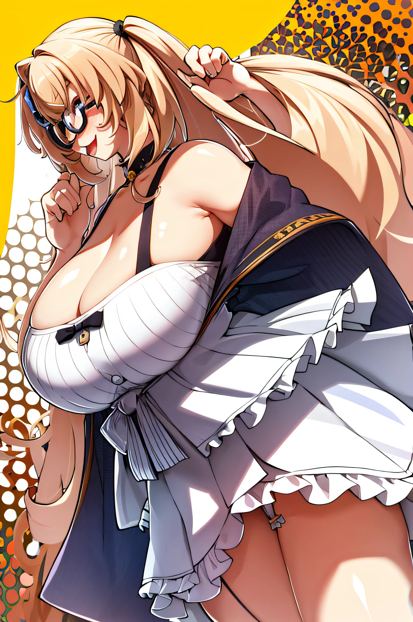 1girl, solo, long hair, glasses, blonde hair, (((giant breasts: 1.3))), large breasts, twin tails, (thighs: 1.2), heavy blush, (thick thighs: 1.3), heavy blush, wide hips, choker, heavy blush, (happy: 1.3), simple background, shiny skin, wet skin, inside, facing the viewer, (cleavage), ((lewd)), best quality, smiling, white dress, open mouth, fang, short skirt, profile,