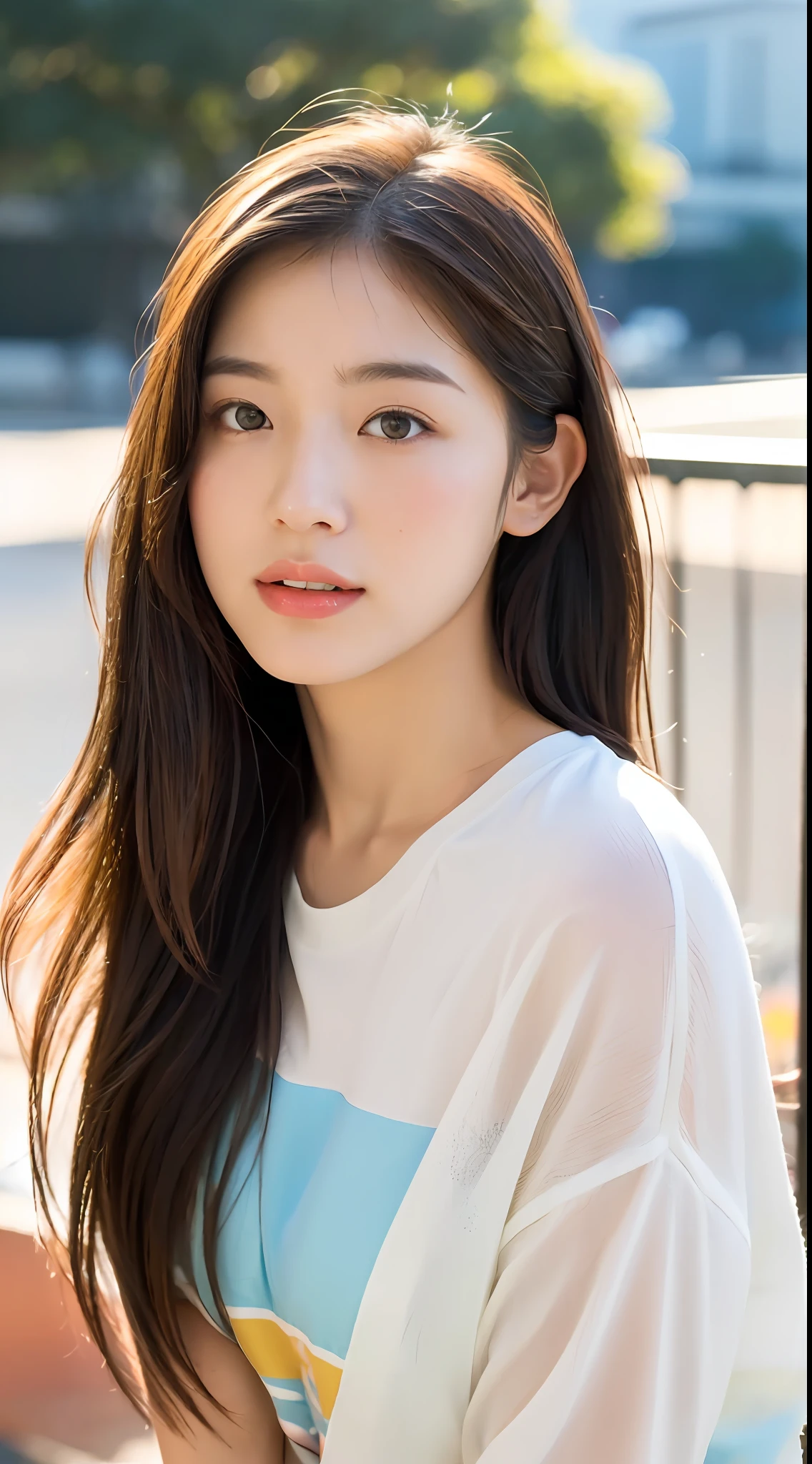 Generate an image of a stunning young girl with clear eyes and fair Asian skin. (Portrait, Realistic Style, Outdoor Setting, Soft Lighting, High Quality, Minimal Noise, Warm Colors, Impressionistic Brushwork, Artstation Influence, Modern Clothing, Wide-Angle Lens)