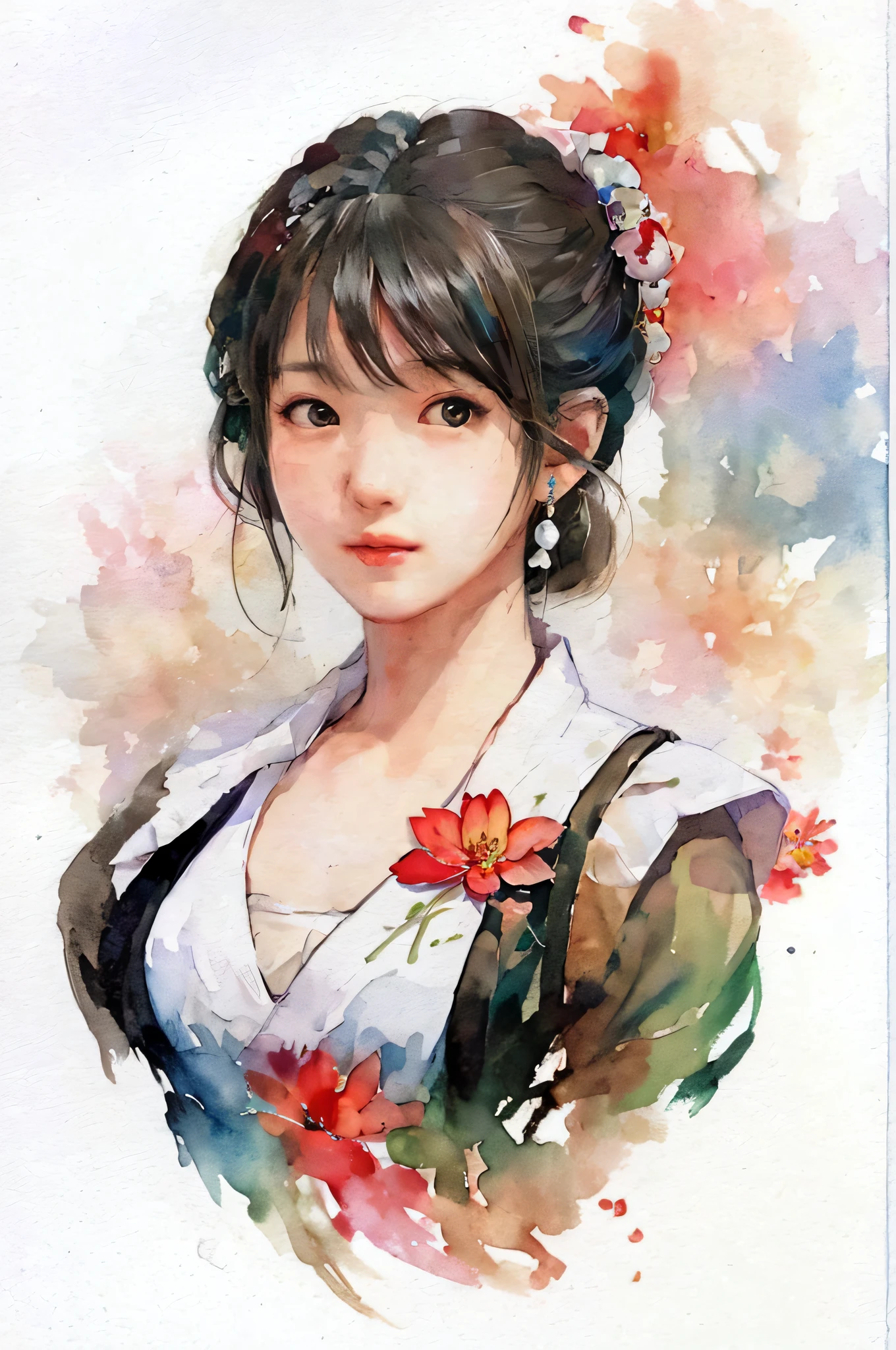 (upper body: 1.5),(white background:1.4), ((tachi-e)), original,(illustration:1.1),(best quality),(masterpiece:1.1),(extremely detailed CG unity 8k wallpaper:1.1), (colorful:0.9),(panorama shot:1.4),(full body:1.05),(solo:1.2), (ink splashing),(color splashing),((watercolor)), clear sharp focus,{ 1girl standing },((chinese style )),flower background,outdoors,rocks, looking at viewer, make happy expressions,soft smile,pure,beautyfull detailed face and eyes,beautyfull intricacy clothing decorative pattern details, black hair,black eyes,colorwater