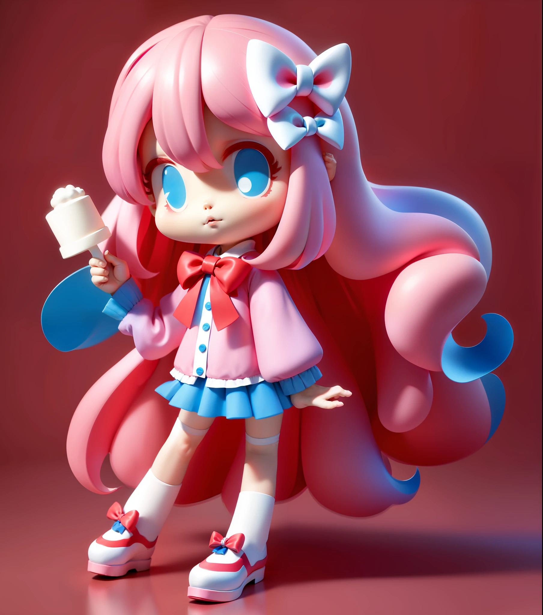 Pink hair, fair skin, blue dress, red bow, white shoes, black stockings