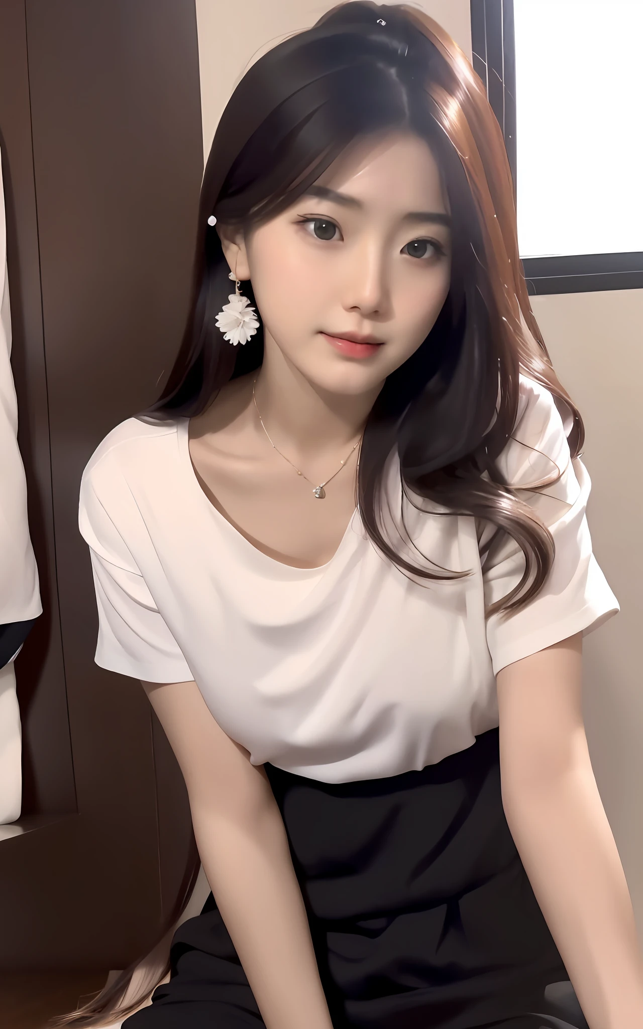 a close up of a woman sitting on a bed wearing a white top, gorgeous young korean woman, smooth white tight clothes suit, beautiful south korean woman, beautiful young korean woman, gorgeous lady, korean girl, a cute young woman, white top, 奈良美智, korean women's fashion model, lovely woman, cute young woman