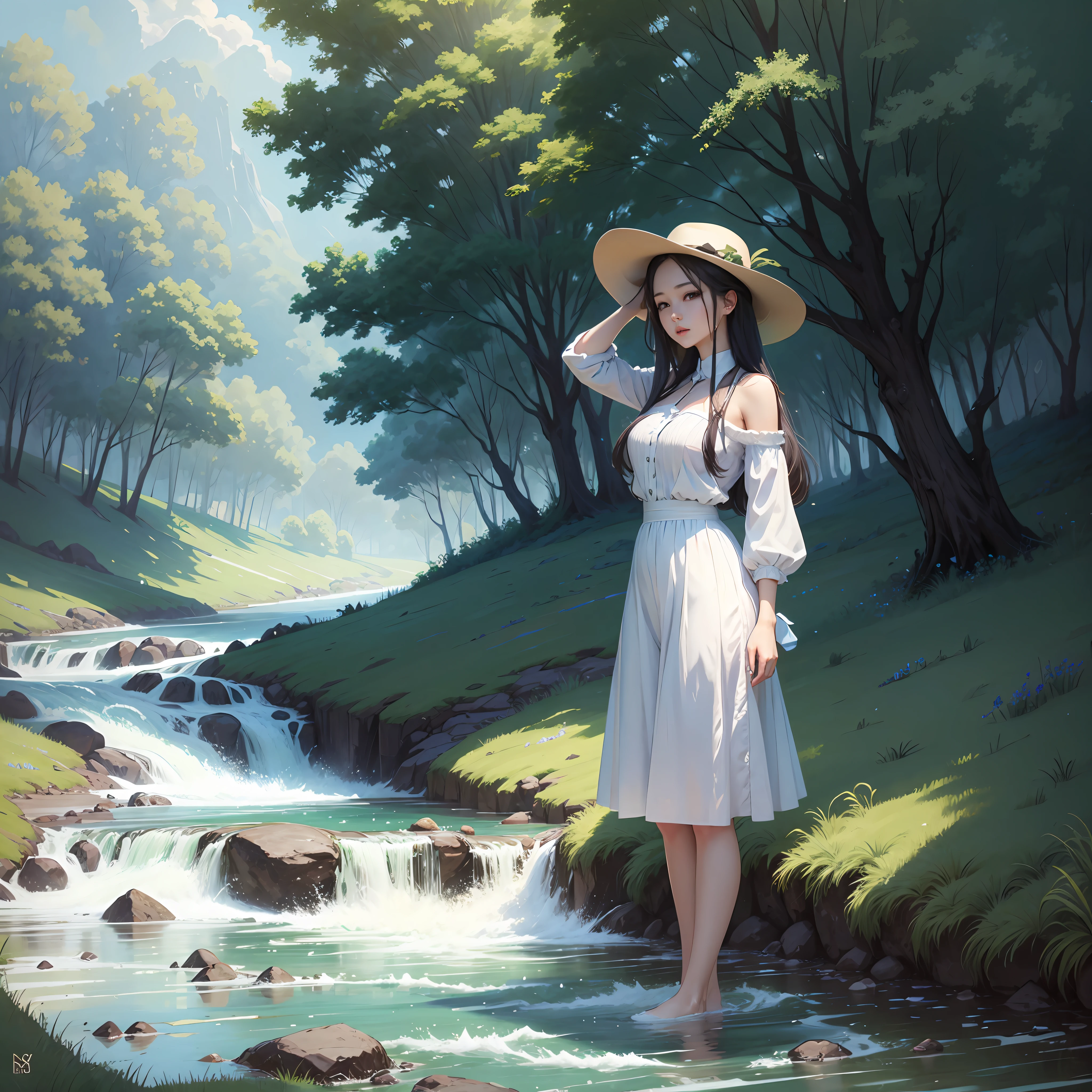 Blue sky, white clouds, green grass, babbling river, slender and beautiful woman. --auto --s2