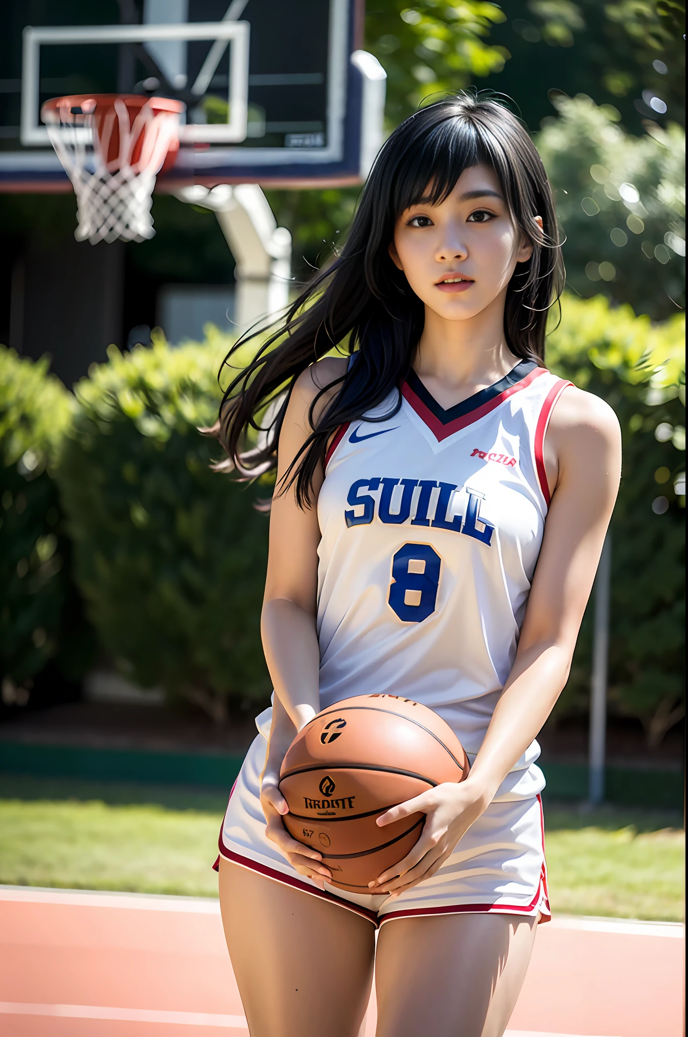 (8k, Best Quality, Masterpiece: 1.2), (Realistic, Photorealistic: 1.37), Super Detailed, Best Quality, Super High Resolution, Professional Lighting, Photon Mapping, Radiosity, Physically Based Rendering, Cinematic Lighting , basketball court, depth of field, focus, sun rays, good composition, (bokeh: 1.2), 1 girl, (whole body), (closed mouth), beautiful eyes, pose, constriction, basketball uniform, black hair , messy hair, long hair blowing in the wind,(ulzzang-6500:1.2) mix4, hiqcgbody