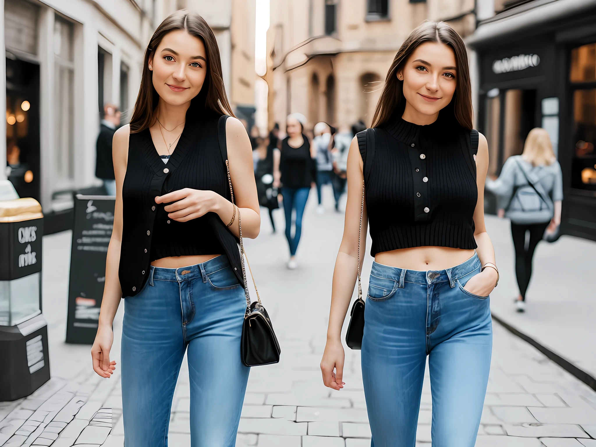 Top: black knitted vest; Bottoms: Jeans;; European women; Street photography