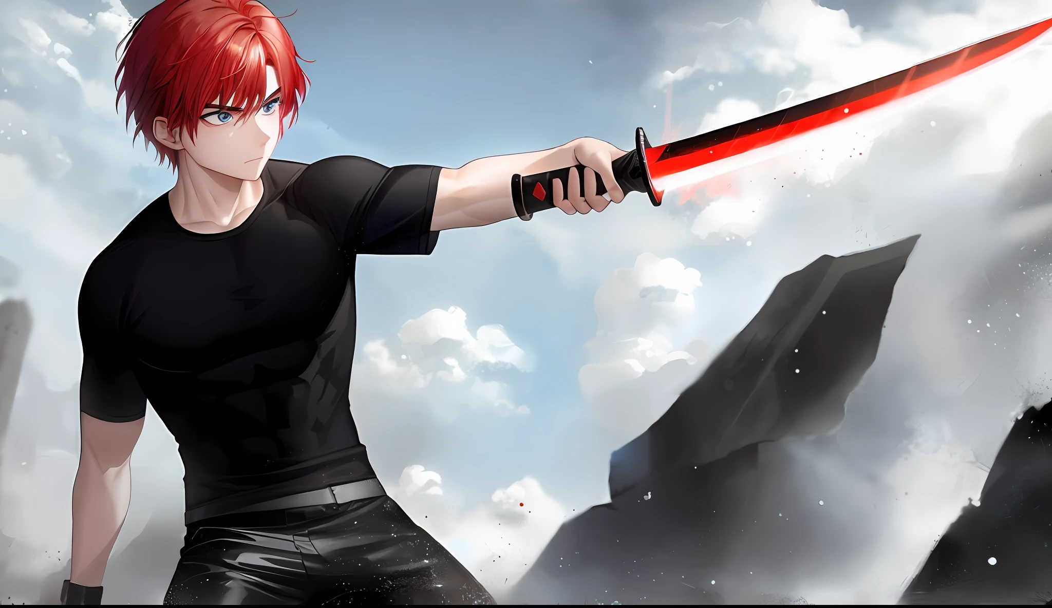 A young boy with white skin, short red hair, anime hair, straight hair, red hair hair, wavy hair, slin body, fitness body, strong body, crouching and bleeding, raining, clouds, fierce and blue eyes, black clothes (black shirt and black pants),serious look, fighting, with a sword in hand, lighting, realistic lighting, Radiosity, particle rain, realistic particles, Close UP.