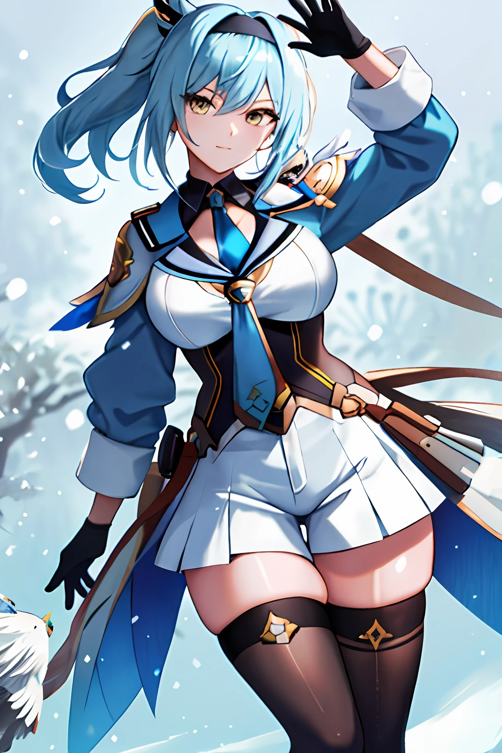 ((masterpiece, best quality)), (1girl),((mature female)), lightblue hair,thighhighs, hairband, thighs, long sleeves, gloves,  bangs, dark golden yellow eyes, medium hair, leotard, hair ornament, black hairband, shoulder cutout, black thighhighs, blue necktie, (large breasts:1.2), (busty),armpits, tying hair,curvy,cleavage,confident, [wide hips],snowing,nature, eula \(genshin impact\), pov