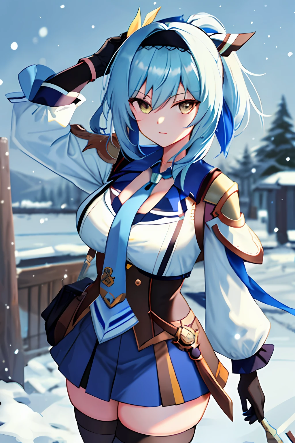 ((masterpiece, best quality)), (1girl),((mature female)), lightblue hair,thighhighs, hairband, thighs, long sleeves, gloves,  bangs, dark golden yellow eyes, medium hair, leotard, hair ornament, black hairband, shoulder cutout, black thighhighs, blue necktie, (large breasts:1.2), (busty),armpits, tying hair,curvy,cleavage,confident, [wide hips],snowing,nature, eula \(genshin impact\), pov