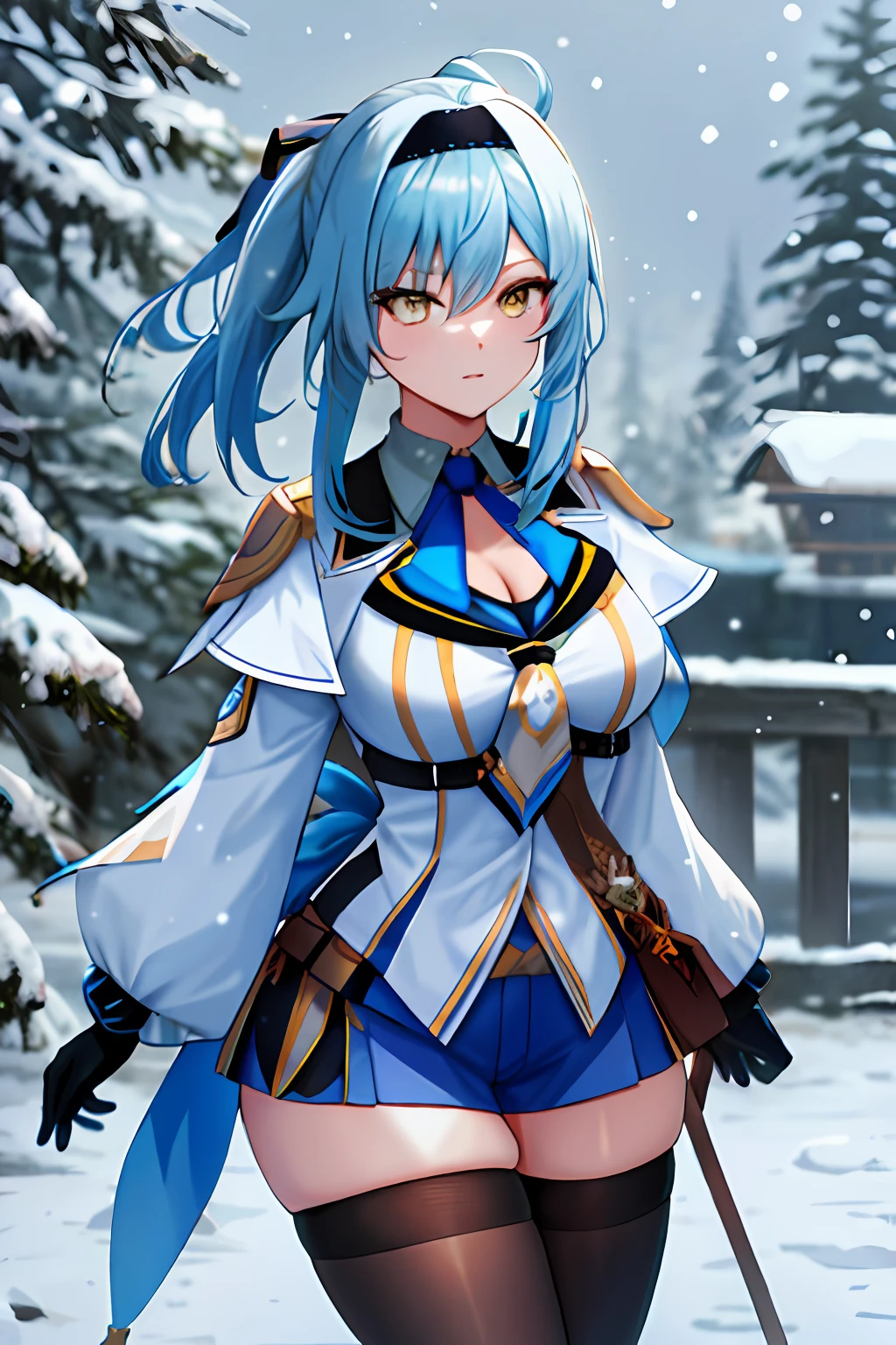 ((masterpiece, best quality)), (1girl),((mature female)), lightblue hair,thighhighs, hairband, thighs, long sleeves, gloves,  bangs, dark golden yellow eyes, medium hair, leotard, hair ornament, black hairband, shoulder cutout, black thighhighs, blue necktie, (large breasts:1.2), (busty),armpits, tying hair,curvy,cleavage,confident, [wide hips],snowing,nature, eula \(genshin impact\), pov