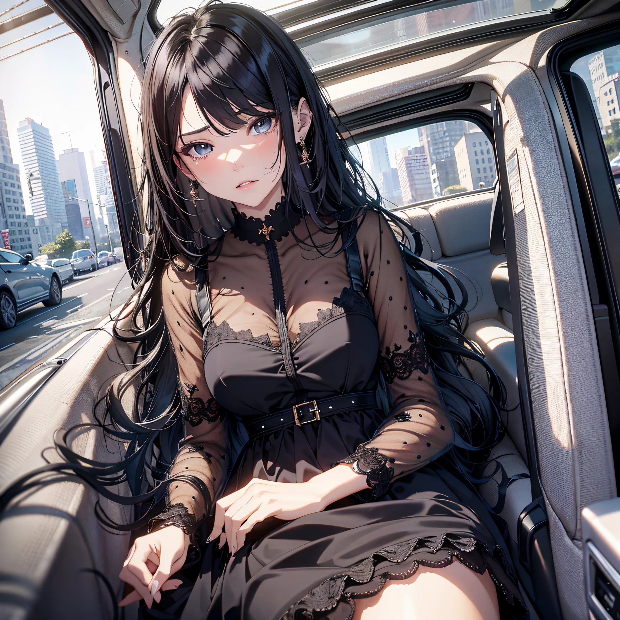 Absurd resolution, high resolution, (masterpiece: 1.4), hyper-detail, 1 young woman, rich princess, casual dress black haired young woman, in a taxi, crying look