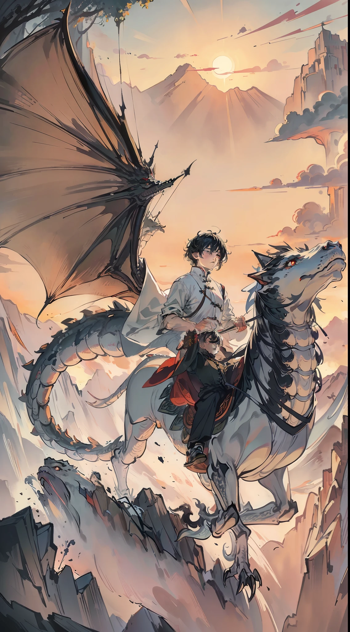 (RAW Photo, Best Quality), (Realistic, Photo Realistic: 1.3), Extremely Refined and Beautiful, Amazing, Fine Detail, Masterpiece, Ultra Detail, High Resolution, (Best Illustration), (Best Shadow), Intricate, A Beautiful Taoist Priest Riding a Chinese Dragon, (Dragon: 1.4), Clouds, Mountains, Storm, Sunset, (From Below: 1.4), Clear Focus, Volumetric Fog, 8k Ultra HD, DSLR, High Quality, (Film Grain: 1.4), Fujifilm XT3,