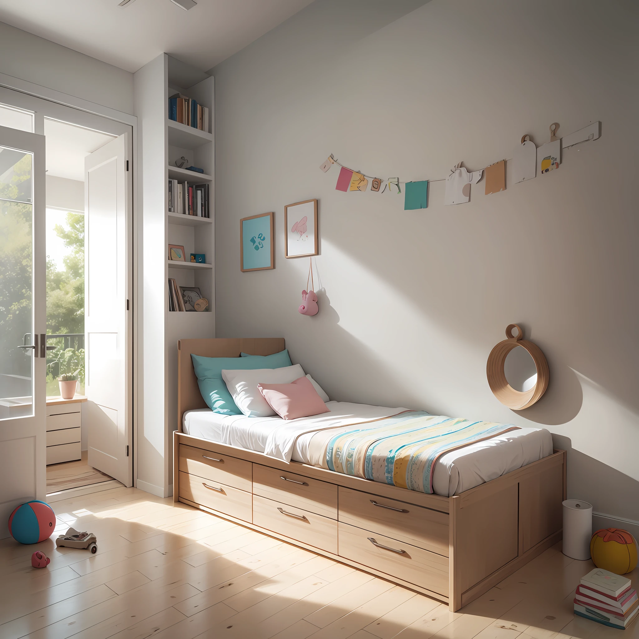 A blank wall, the floor is floored, and there are some children's bedroom supplies around it, and the front view is simple --auto --s2