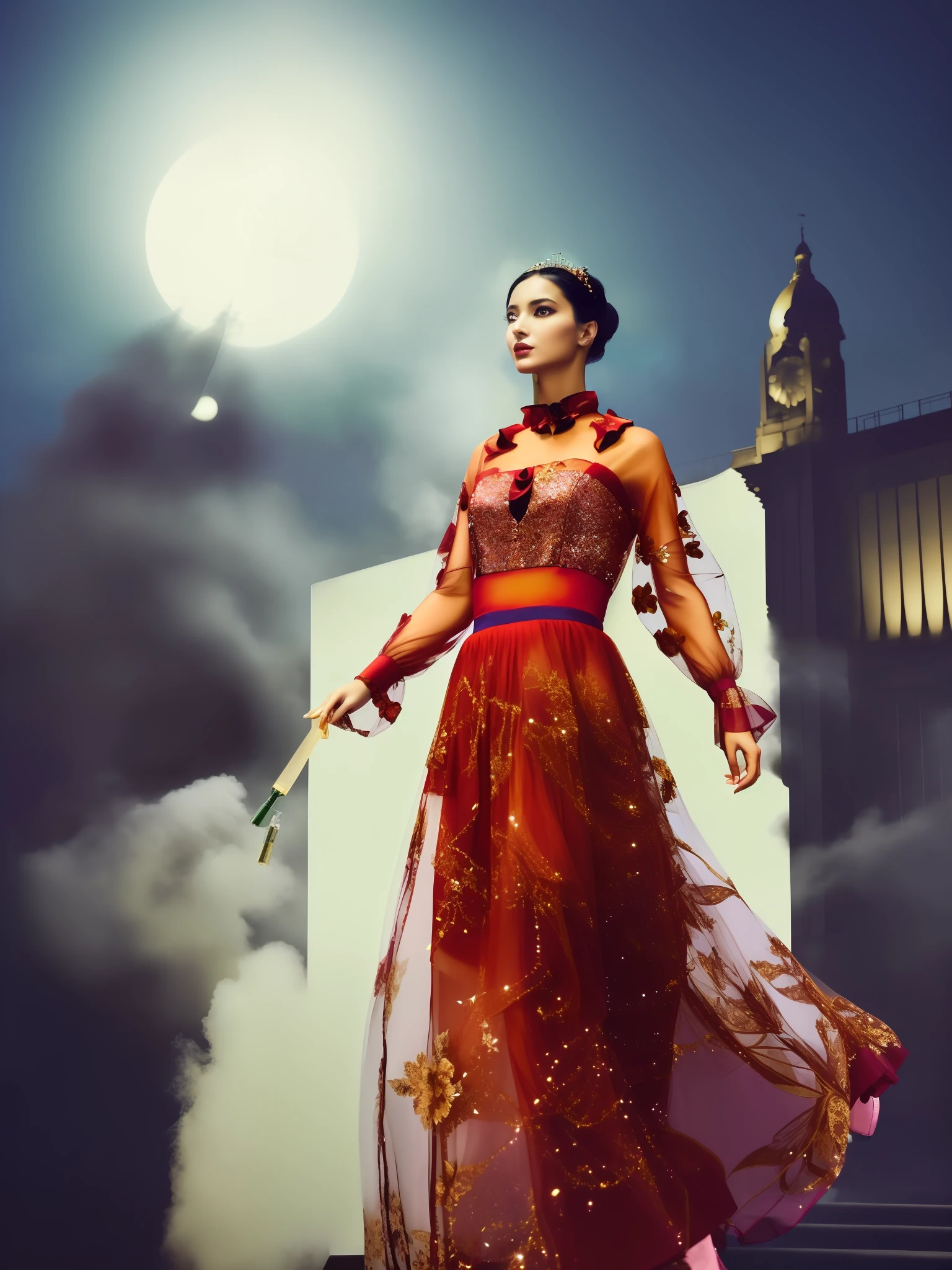 ((Vogue style + Valentino editorial), shining (floral dress + long skirt), full of taste and grace (Aravi woman), floating between (perfume + smog), like a painting by Monia Melo. At night, she dances in the Oleg Opera House, and the scene seems to loom. )