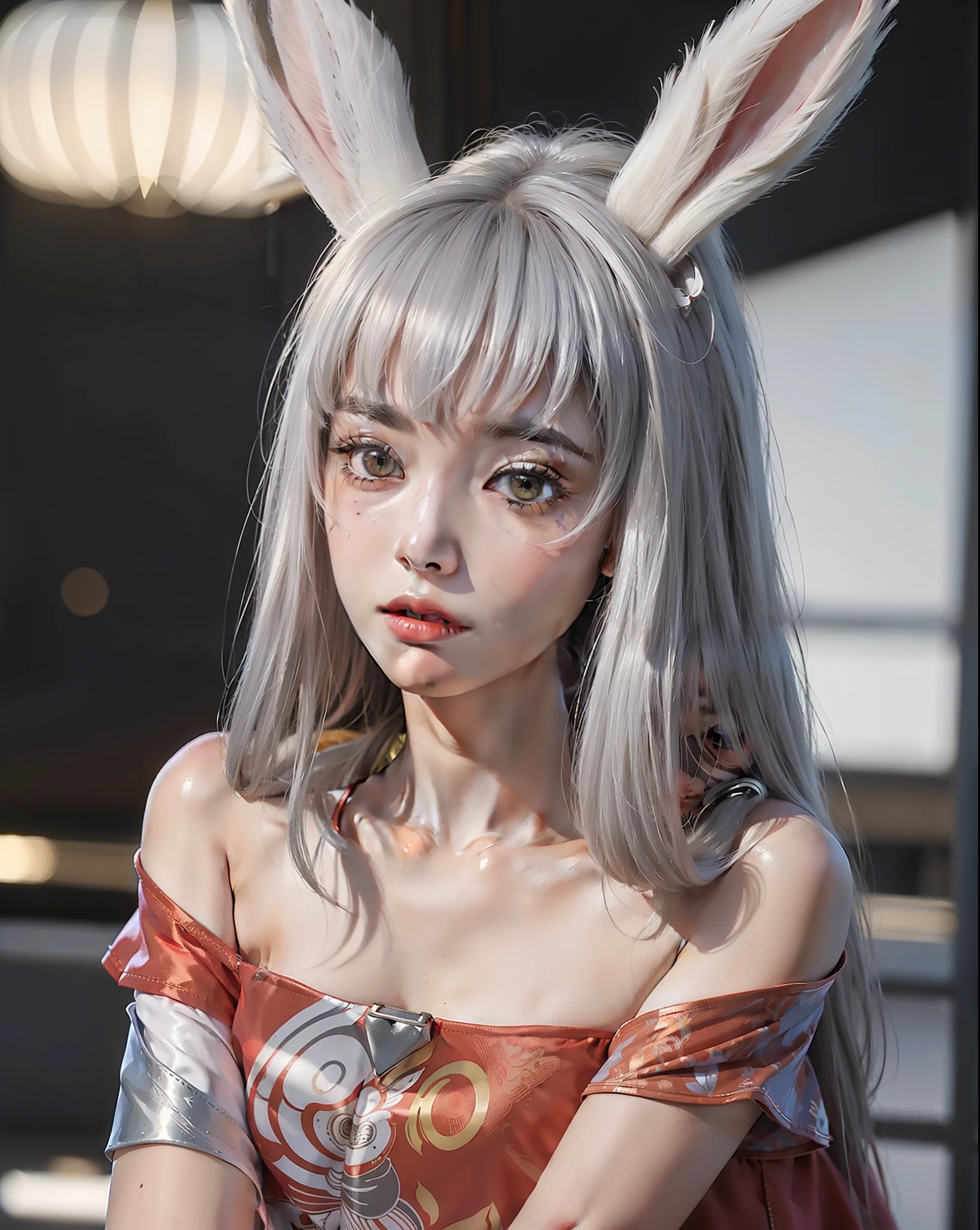 White-haired rabbit-eared woman wearing a red blouse and white rabbit ears, (1girl:0.992), (animal ears: 0.984), (bangs: 0.785), (off-the-shoulder: 0.578), (blurry:0.994), (blurry background:0.975), (brown eyes:0.513), (depth of field:0.959), (lips:0.848), (long hair:0.846), (looking at viewer:0.833) , (mole:0.570), (ponytail:0.662), (rabbit ear:0.796), (photo:0.599), (single: 0.979), (upper body: 0.759), (gray hair: 0.666)