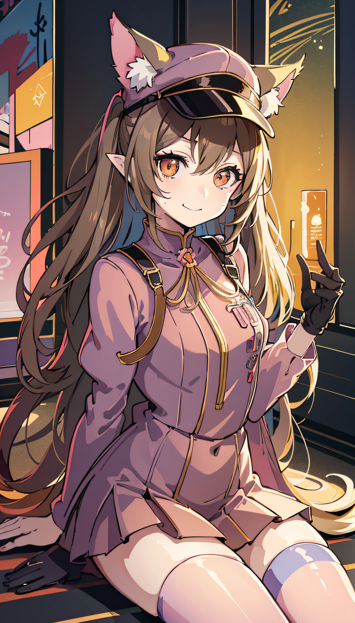 glowing hair and colorful dress in anime ((cat-eared 1girl)), glowy pastel vivid, rossdraws cartoon vivid, anime style 4k, beautiful anime portrait, art germ colorful!!!、! dream art germ, beautiful anime, cat ear 1girl, anime style digital art, anime art wallpaper 4k, anime art wallpaper 4k, digital anime art, highly detailed art germ, clothes, full body, sitting , brown hair, front view, smirking, glow lighting, beautiful lighting, exposed skin, sweat on breast, small head cap, brown uniform, orange eyes