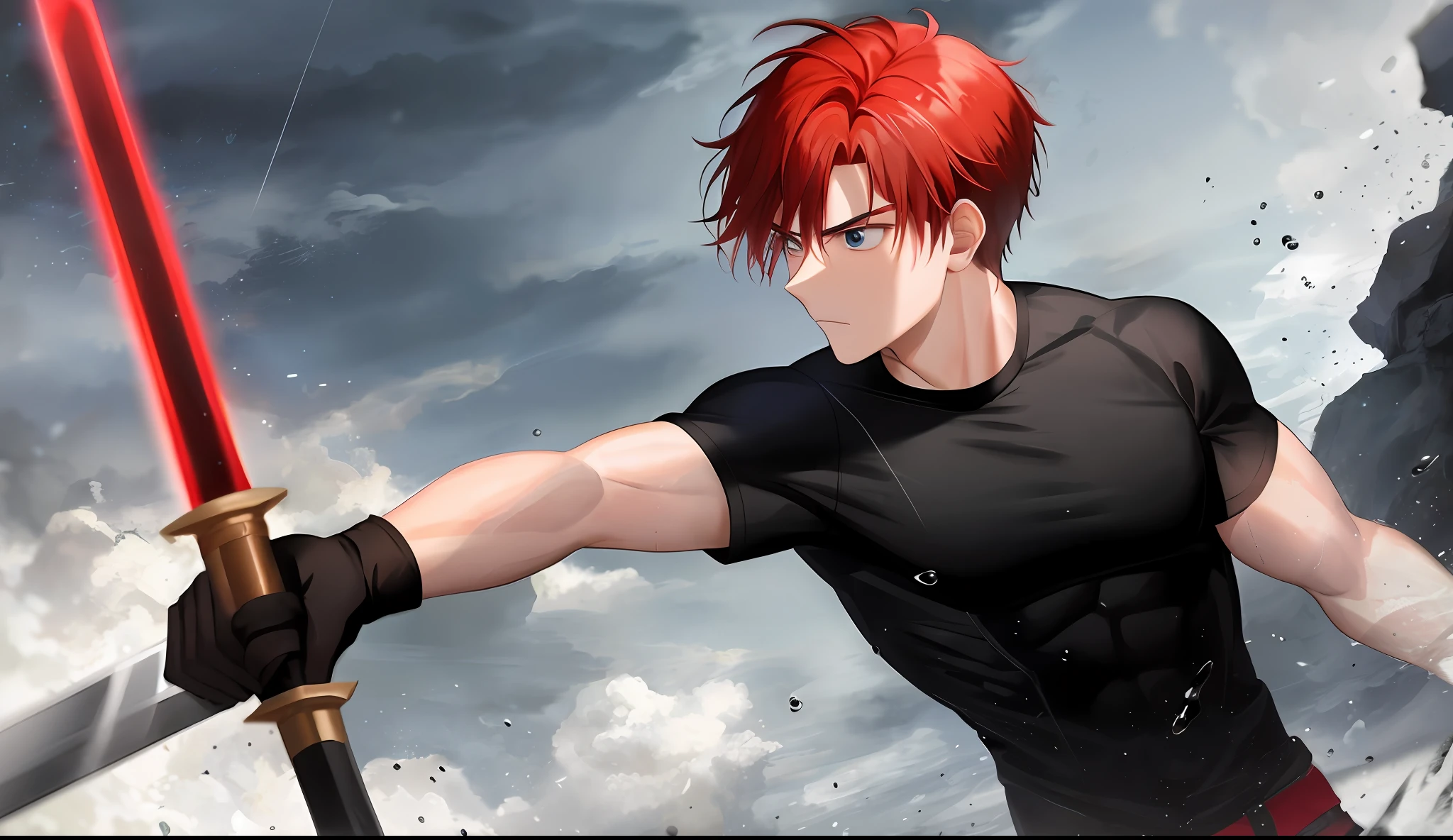 A young boy with white skin, short red hair, anime hair, straight hair, red hair hair, wavy hair, slin body, fitness body, strong body, running and bleeding, raining, clouds, fierce and blue eyes, black clothes (black shirt and black pants),serious look, fighting, with a sword in hand, lighting, realistic lighting, Radiosity, particle rain, realistic particles,  Close UP.