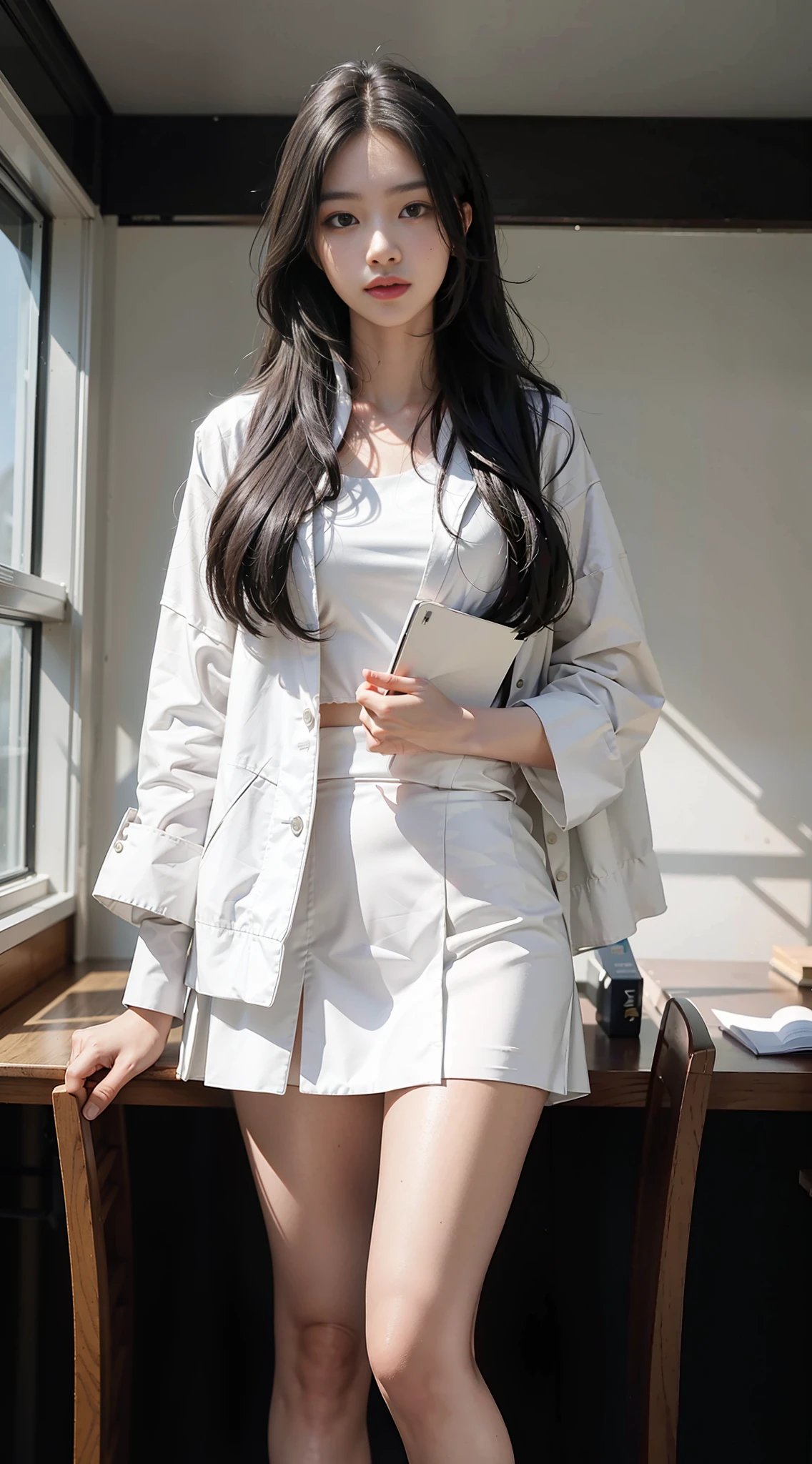 Master work, best image quality, higher quality, high detail, super high resolution, 8K resolution, telephoto lens, full body lens, perfect face, glowing skin, delicate facial features, photo photo, a young and beautiful female teacher, wearing a white shirt, black jacket (uniform), black hip skirt, white high heels, smooth white thighs (glowing thighs), long hair fluttering (shawl long hair), holding documents in two hands, standing alone in the classroom (on the podium)