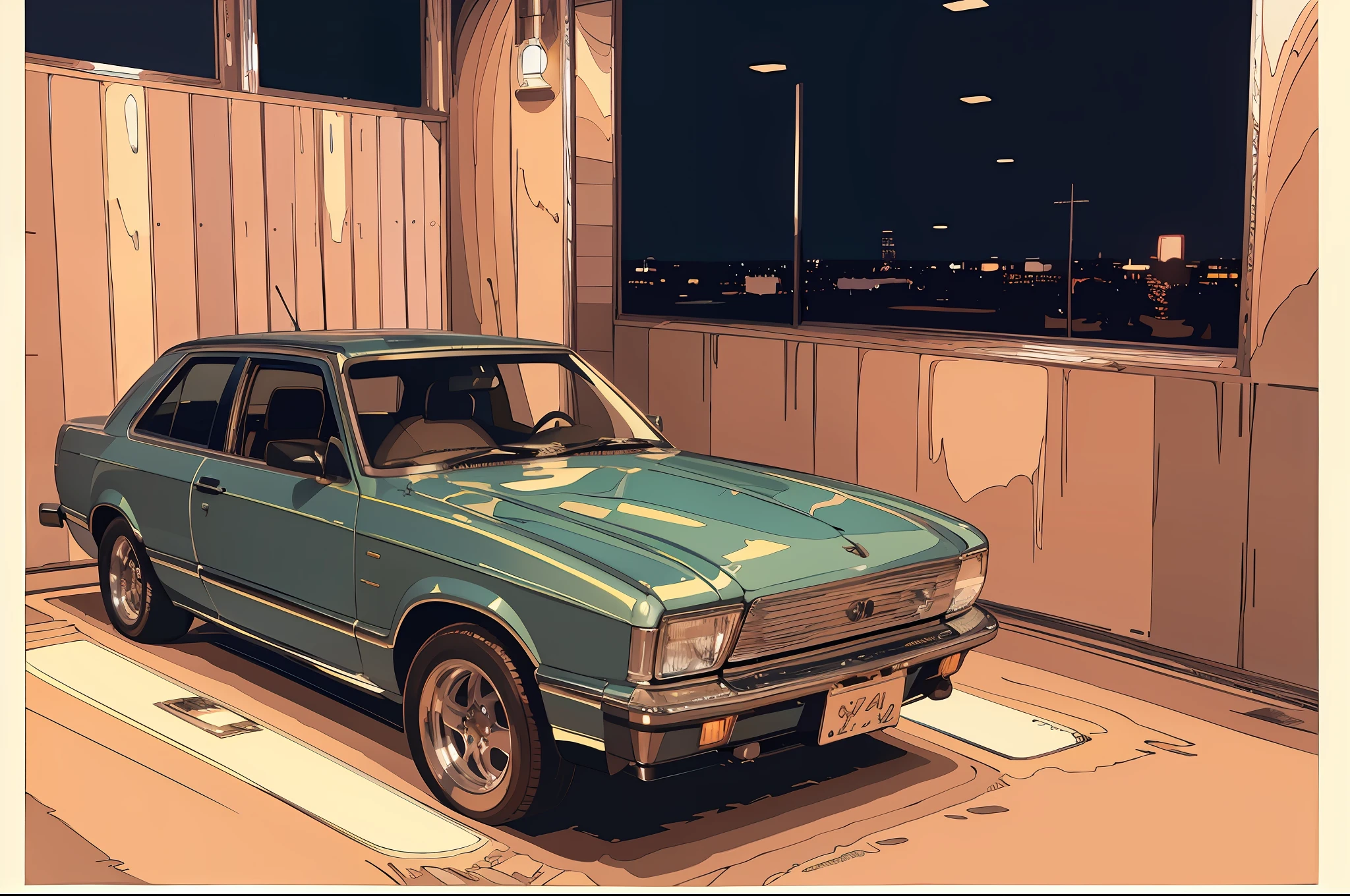 (masterpiece,best quality:1),official art,extremely detailed CG unity 8k wallpaper,illustration, light,car, bright, motor vehicle, ground vehicle, sports car, vehicle focus, wet, indoors, night, flat light,garage, auto shop,1990s \(style\),