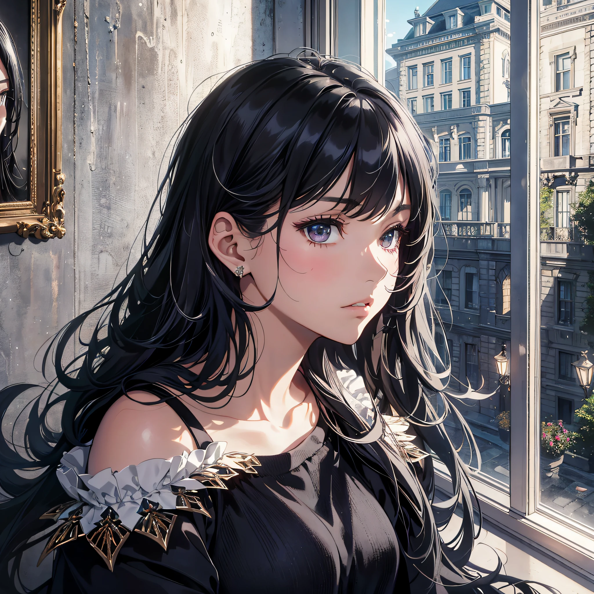 Absurd resolution, high resolution, (masterpiece: 1.4), hyper-detail, 1 young woman, rich princess, casual black haired young woman, melancholic expression, night, mansion, looking out the window