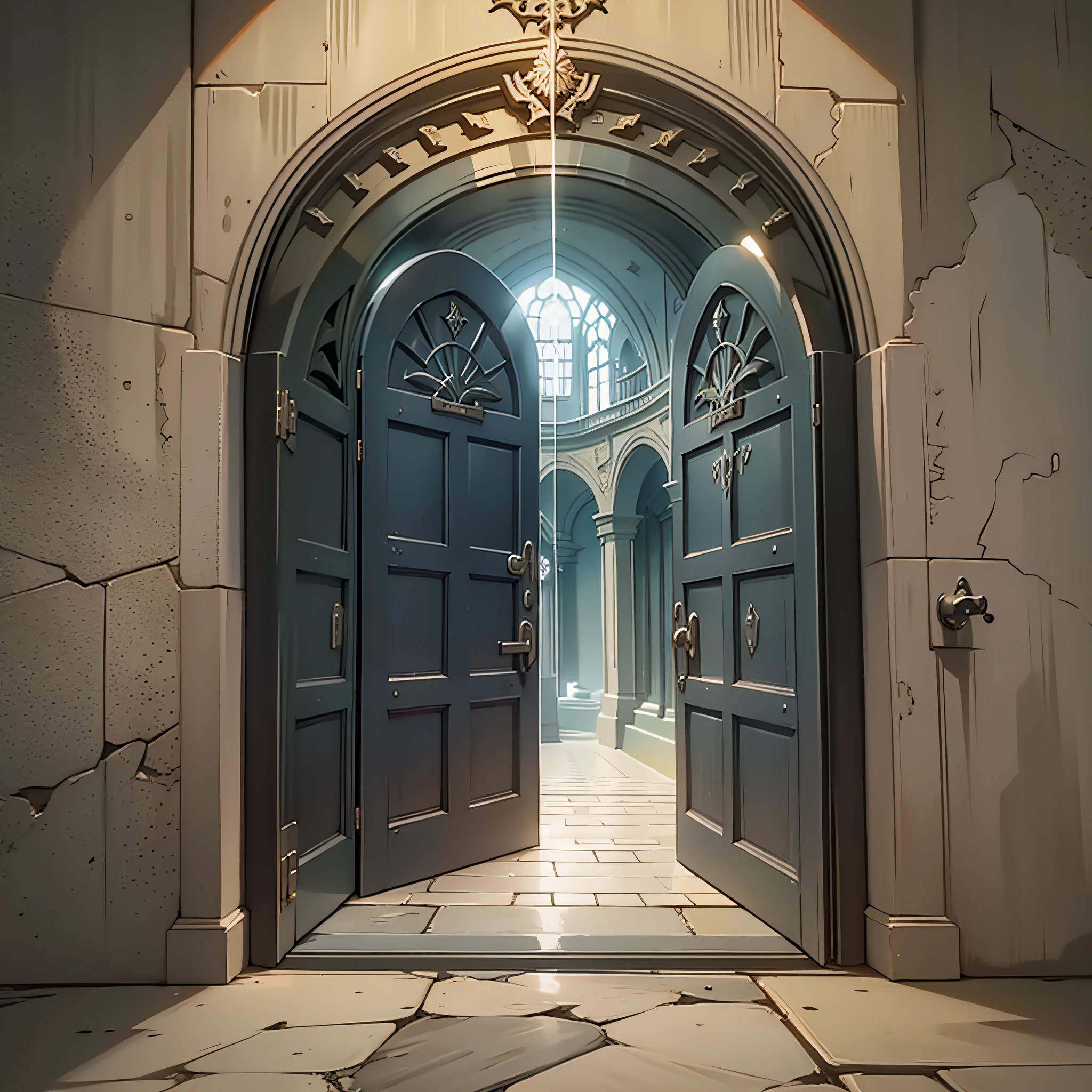 The prison iron gate, the railing, the doorway glowing and the door open