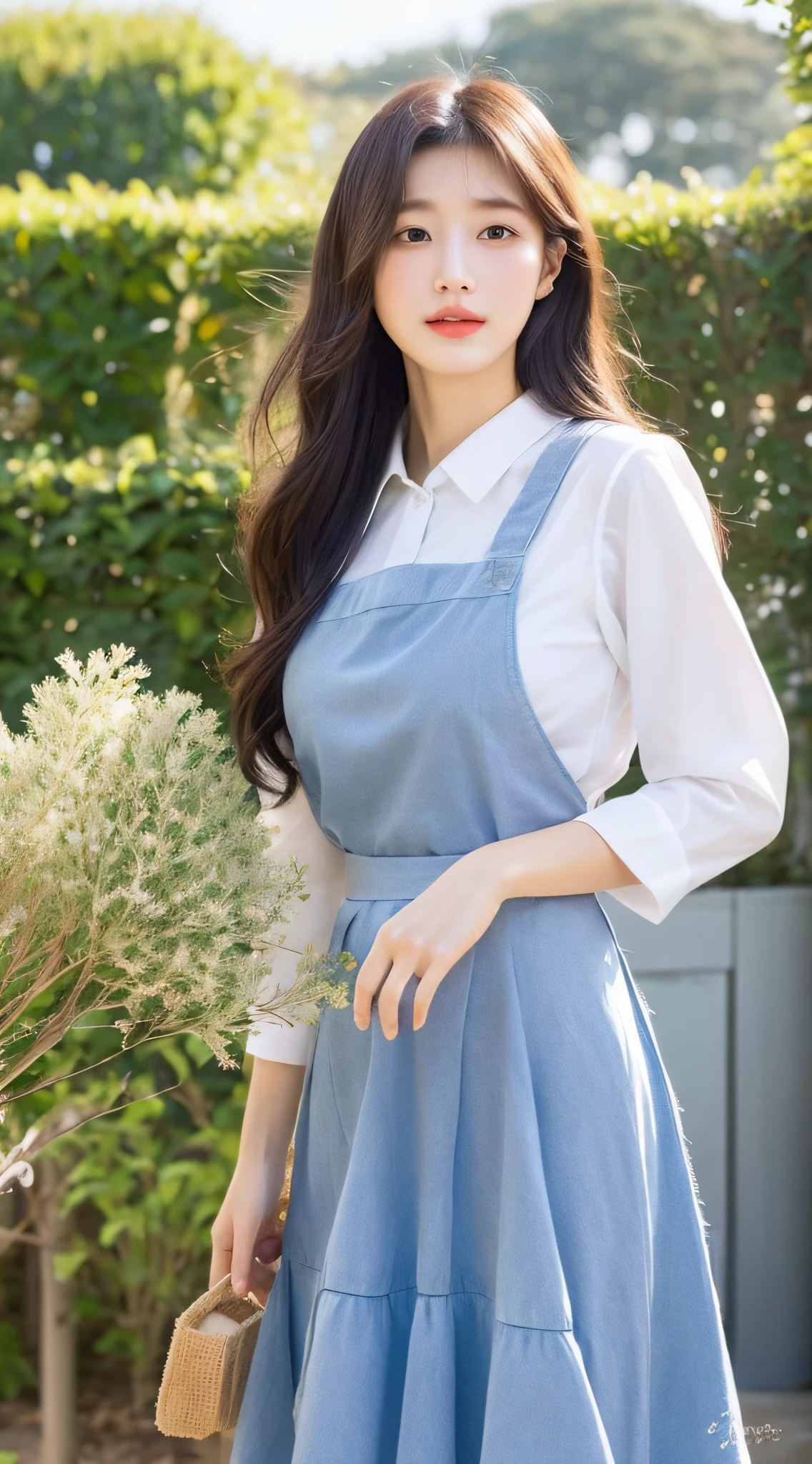 There is a woman, upper body, long hair, delicate skin texture and cloth texture, delicate eyes, long eyelashes, double eyelids, wearing fluent long dress, wearing a fluent long skirt, flowing long skirt, hanbok apron, bae suzy, long skirt apron, wearing fluent clothes, Ghibli anime style, wearing skirt, milk and mocha style, light skirt, inspired by Shen Se-jung, elegant clothing style, layered skirt