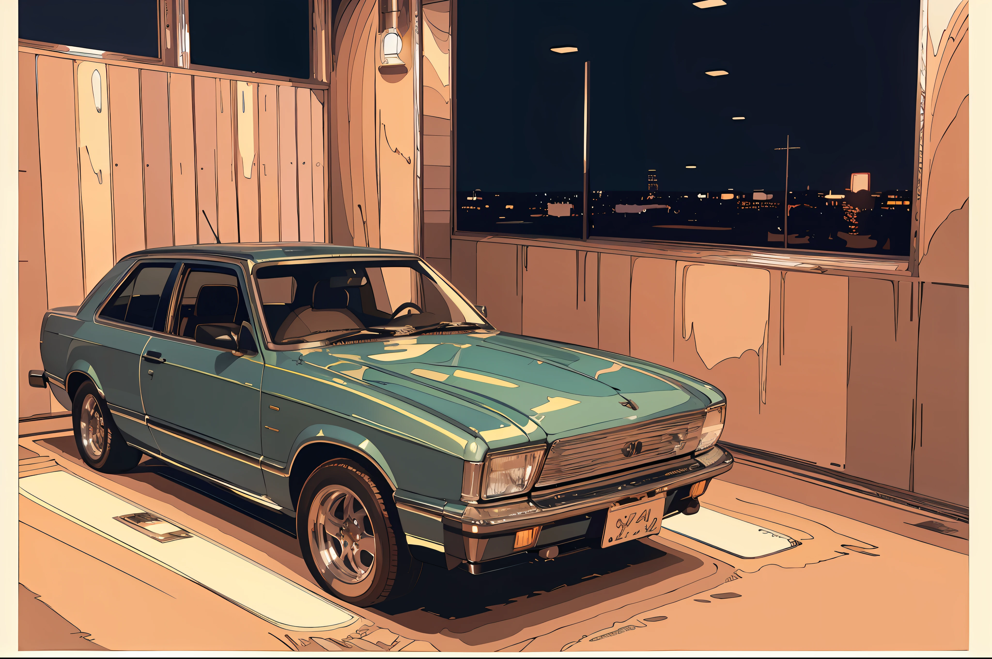 (masterpiece,best quality:1),official art,extremely detailed CG unity 8k wallpaper,illustration, light,car, bright, motor vehicle, ground vehicle, sports car, vehicle focus, wet, indoors, night, flat light,garage, auto shop,1990s \(style\),