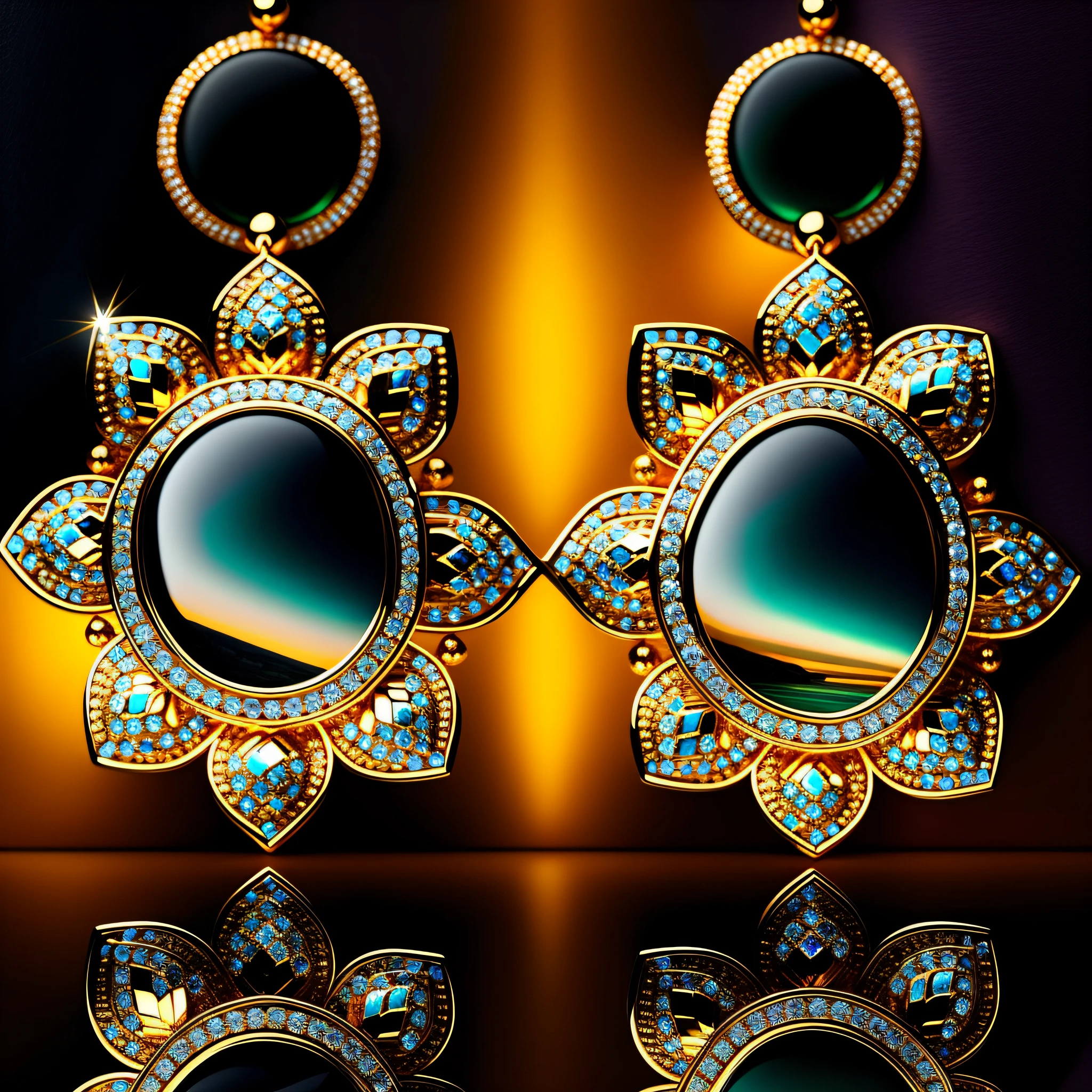 CLOSE-UP, TOP VIEW AT 45 DEGREES, PRECIOUS EARRINGS WITH ELABORATELY CARVED ORNAMENTS ON YELLOW GOLD, THE EARRINGS ARE IDENTICAL COMPLETELY SYMMETRICAL,THE EARRINGS WITH LARGE EMERALDS FRAMED BY SMALL SAPPHIRES, BACKGROUND BLACK, ON BLACK GLASS THE EARRINGS LIE AND ARE REFLECTED IN IT, REFLECTION 50% ATTENUATED, HYPERFOCAL PHOTO, CONTRASTING LIGHT FALLS ON THE EARRINGS AND IS REFLECTED AS IRIDESCENT HIGHLIGHTS ON THE FACETS OF THE CUT, LOOKS EXPENSIVE AND STUNNING, ULTRA FINE DETAIL, HYPER SHARP, PHOTOREALISTIC, LOOKS EXPENSIVE AND STUNNING, SCENIC, FABULOUS, HIGH RESOLUTION 100 MEGAPIXELS, PHOTO IN THE STYLE OF IGOR SAKHAROV
