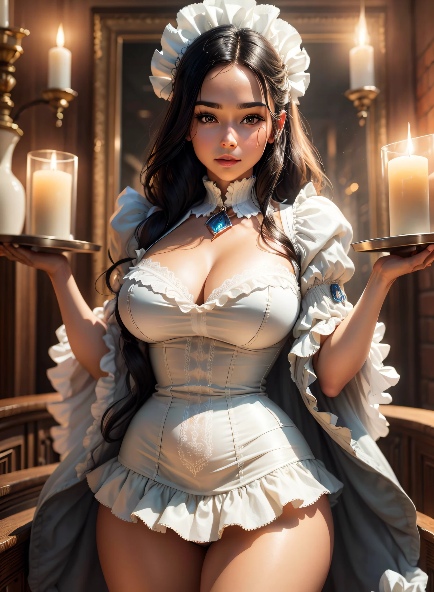 ((Top Quality: 1.4)), (Unparalleled Masterpiece), (Ultra High Definition), (Ultra Realistic 8k CG), (Head to Thigh Half Body Shot: 1.4), (High Definition Skin: 1.4), (Photorealistic: 1.4), (30-year-old maid), (Concept Art), Highly detailed maid costume, mini skirt with ruffles, stunningly beautiful, cinematic, happy, Inside an old western house, candle light, anisotropic filtering, depth of field, maximum clarity and sharpness, multi-layered texture, Octane rendering, two-tone lighting, 3D rendering, close to perfect, highly detailed beautiful hair, highly detailed hairstyle, 8 life-size, thicc body, perfect anatomy, symmetrical and balanced, beautiful gradient, Sharp focus, 4K resolution, golden ratio, center image, beautiful composition,