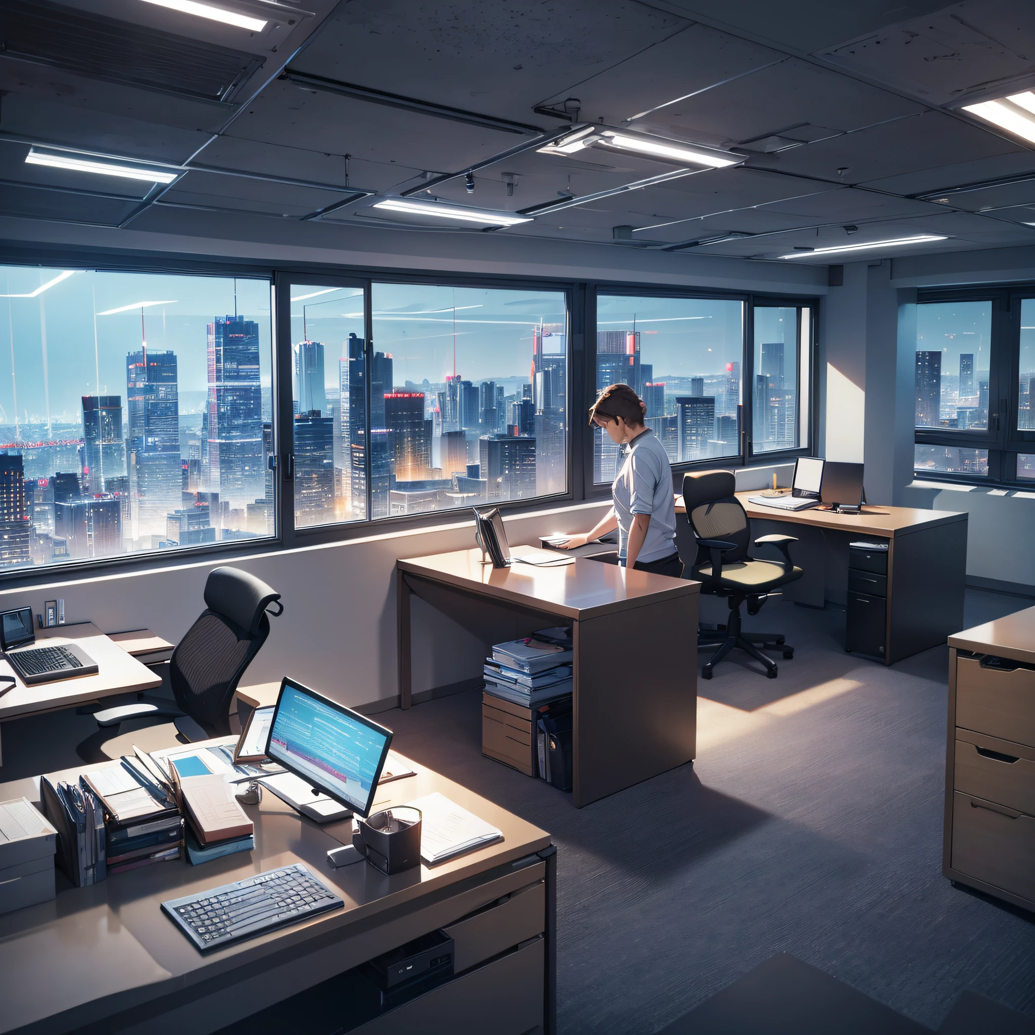 Office area, 3 people, work, night, (masterpiece:1.2), best quality, masterpiece, highres, original, extremely detailed wallpaper, perfect lighting, (extremely detailed CG:1.2),