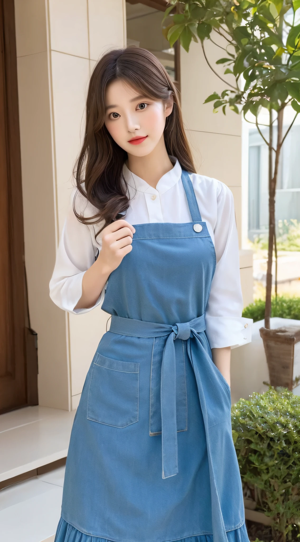 There is a woman, upper body, long hair, delicate skin texture and cloth texture, delicate eyes, long eyelashes, double eyelids, wearing fluent long dress, wearing a fluent long skirt, flowing long skirt, hanbok apron, bae suzy, long skirt apron, wearing fluent clothes, Ghibli anime style, wearing skirt, milk and mocha style, light skirt, inspired by Shen Se-jung, elegant clothing style, layered skirt