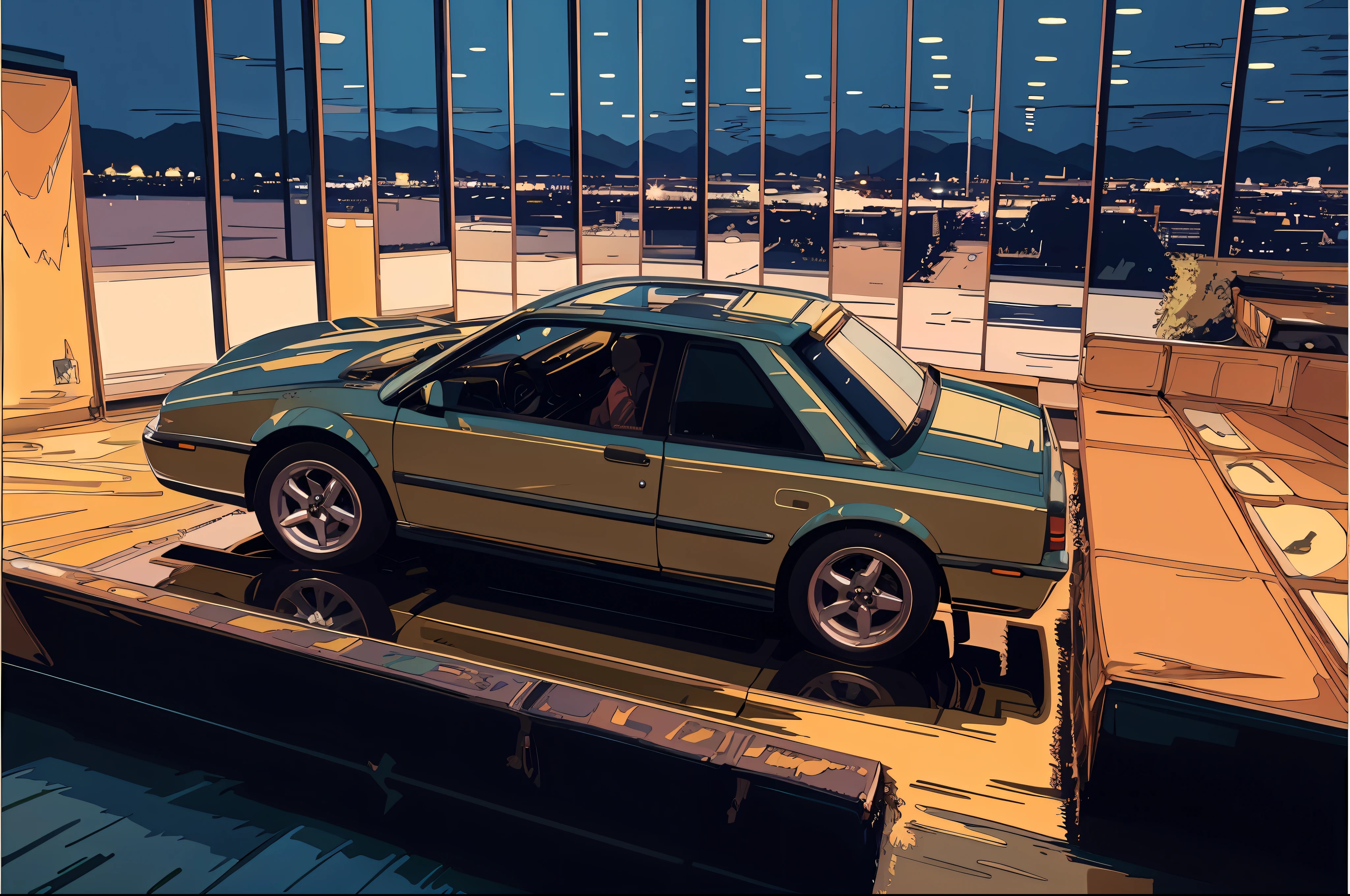 (masterpiece,best quality:1),official art,extremely detailed CG unity 8k wallpaper,illustration, light,car, bright, motor vehicle, ground vehicle, sports car, vehicle focus, wet, indoors, night, flat light,garage, auto shop,1990s \(style\),