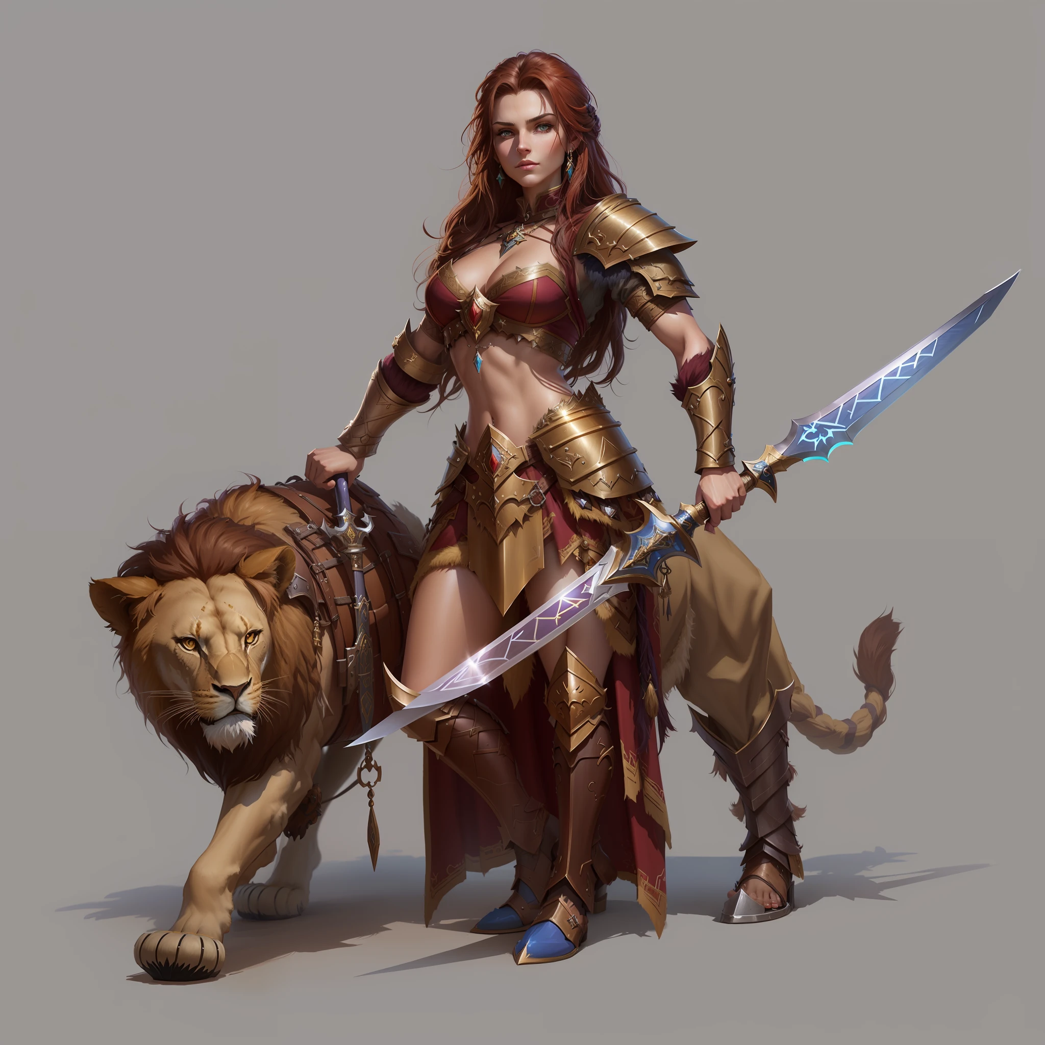 a woman in a costume holding a sword and a lion, fantasy character art, female warrior, tyler edlin fantasy art, epic fantasy character art, beautiful female warrior, fantasy paladin woman, fantasy woman, fantasy warrior, a beautiful warrior woman, complex fantasy character, fantasy character, fantasy style art,  epic fantasy art style, fantasy art, warrior girl