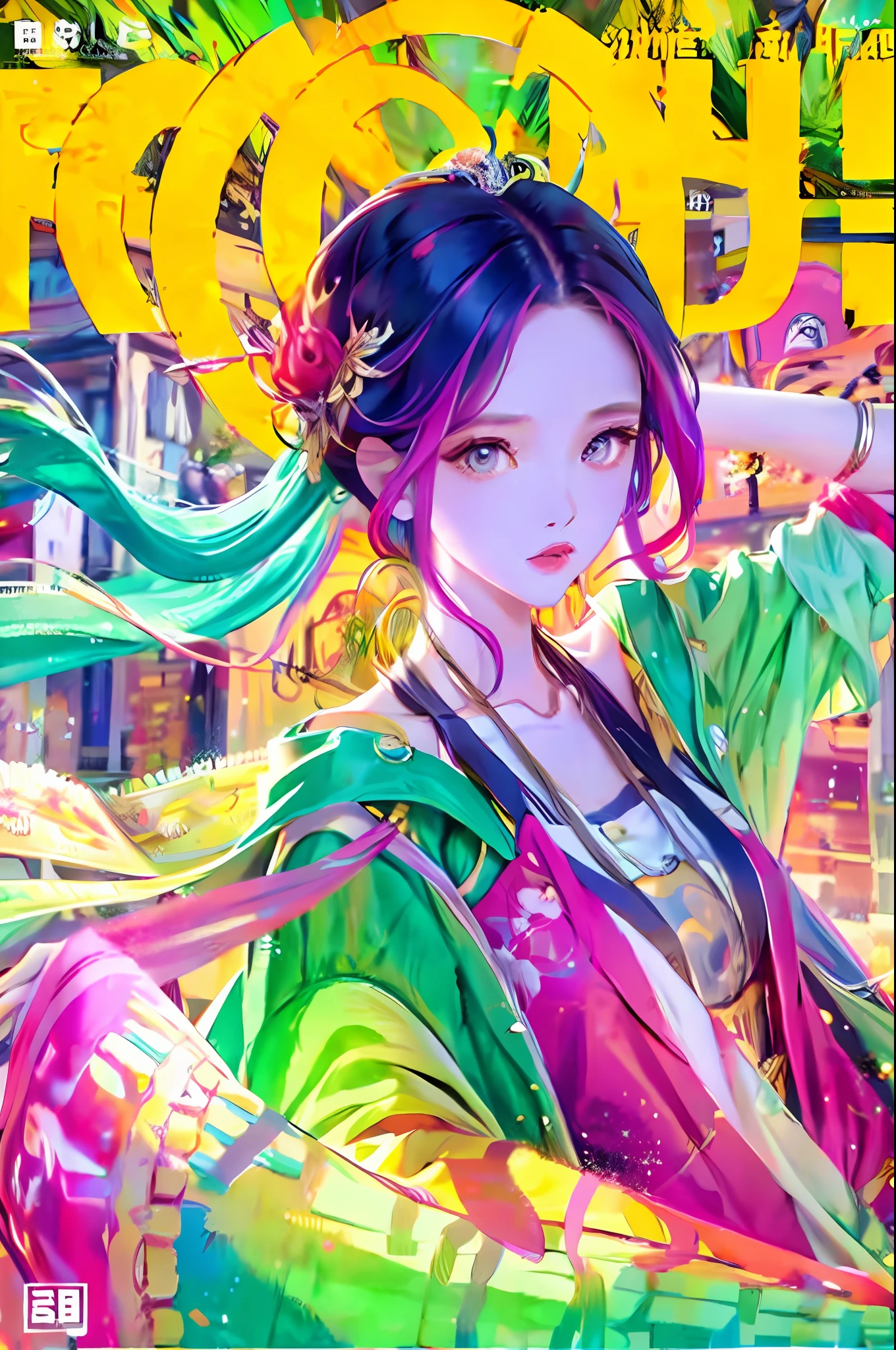 masterpiece, best quality, spring outfit, colorful hair, outdoor, magazine cover ,upper body,