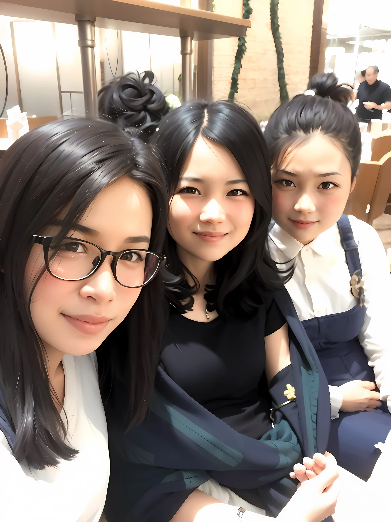 Group photo of three women, background in sunshine, countryside, Chinese girl with black hair, smile, friendship testimony, high quality, friendship testimony.