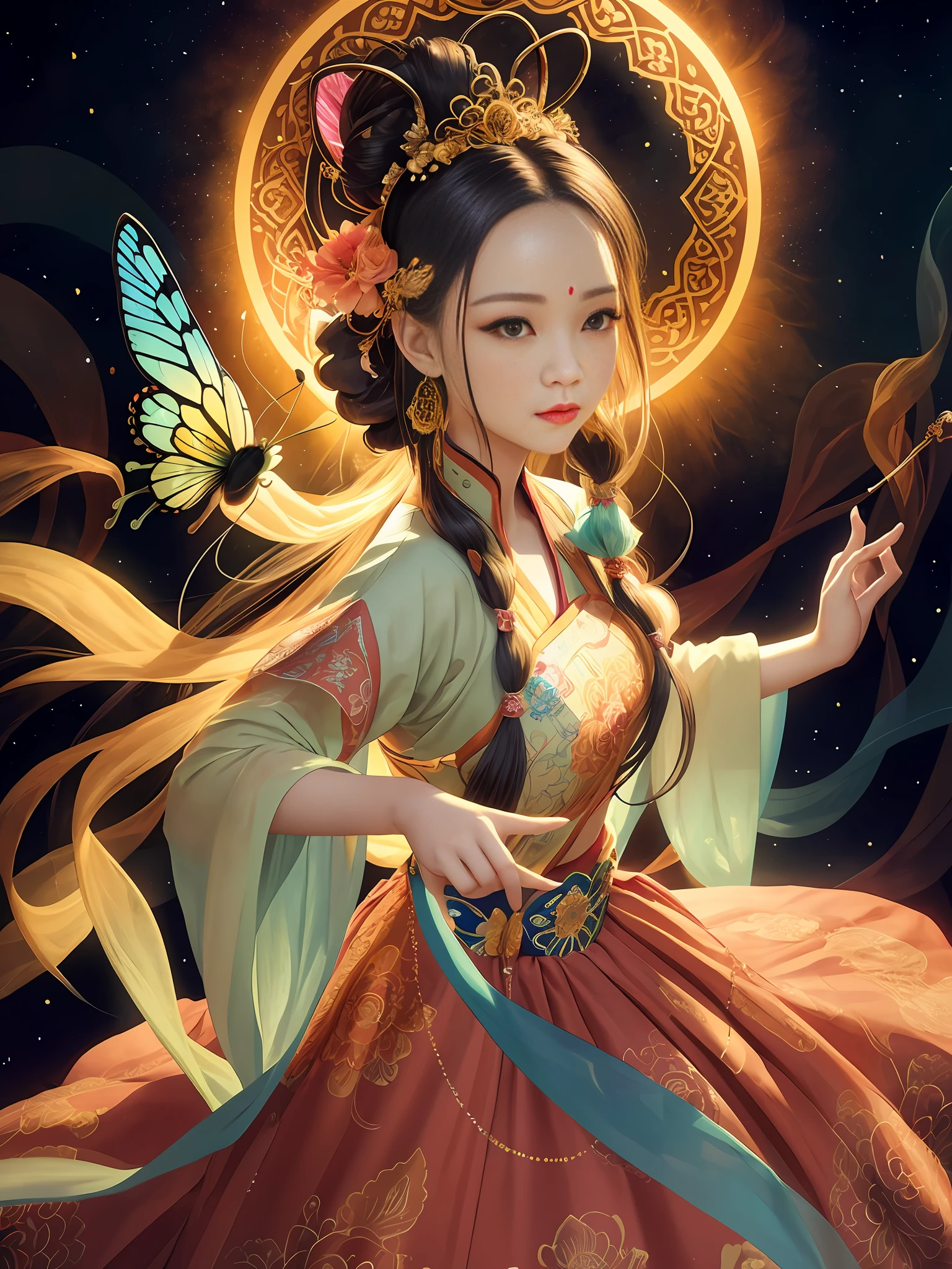 absurd, tall, super detailed, 1 girl, solo, dunhuang, gorgeous, dance, flying, chinese style, dance sleeves, (colorful clouds, colorful halos: 1.3), (forehead markings, hair flowers, hair accessories, jewelry, hair clips, hair rings, tiara, long hair, earrings, (colored long skirt: 1.2), cuffs), fluttering, clear facial features, delicate face, super detailed eyes, flowers, colored eyes, multi-colored hair, portrait (master works: 1.2, best quality), super fine, Ultra-accurate presentation (dynamic pose), color (top to bottom: 1.2), natural light, strong light, sky background, butterfly, Chinese clothing, face markers, hanfu, handheld musical instrument, pipa, long hair, looking at the audience, parted lips, faint smile, solo, bright colors, official art, unified 8k wallpaper, super detailed, beautiful beauty, masterpiece, best quality, (zandeji, mandala, tangles, tangles), extremely detailed, dynamic angles, the most beautiful chaotic forms, elegant, brutalist design, Bright colors, romanticism, atmosphere, ecstatic notes, visible flowing notes, 5 fingers, illusory background, flying ribbon, beautiful sky, bright moon, flying sleeves,