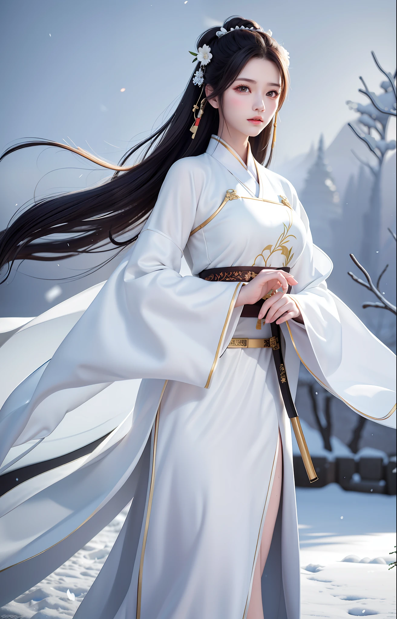 The best quality, masterpieces, white Hanfu, Taoist robes. Holding a Han sword in one hand, a woman's demeanor, a cold and handsome face, sharp eyes, and a snowy scene.