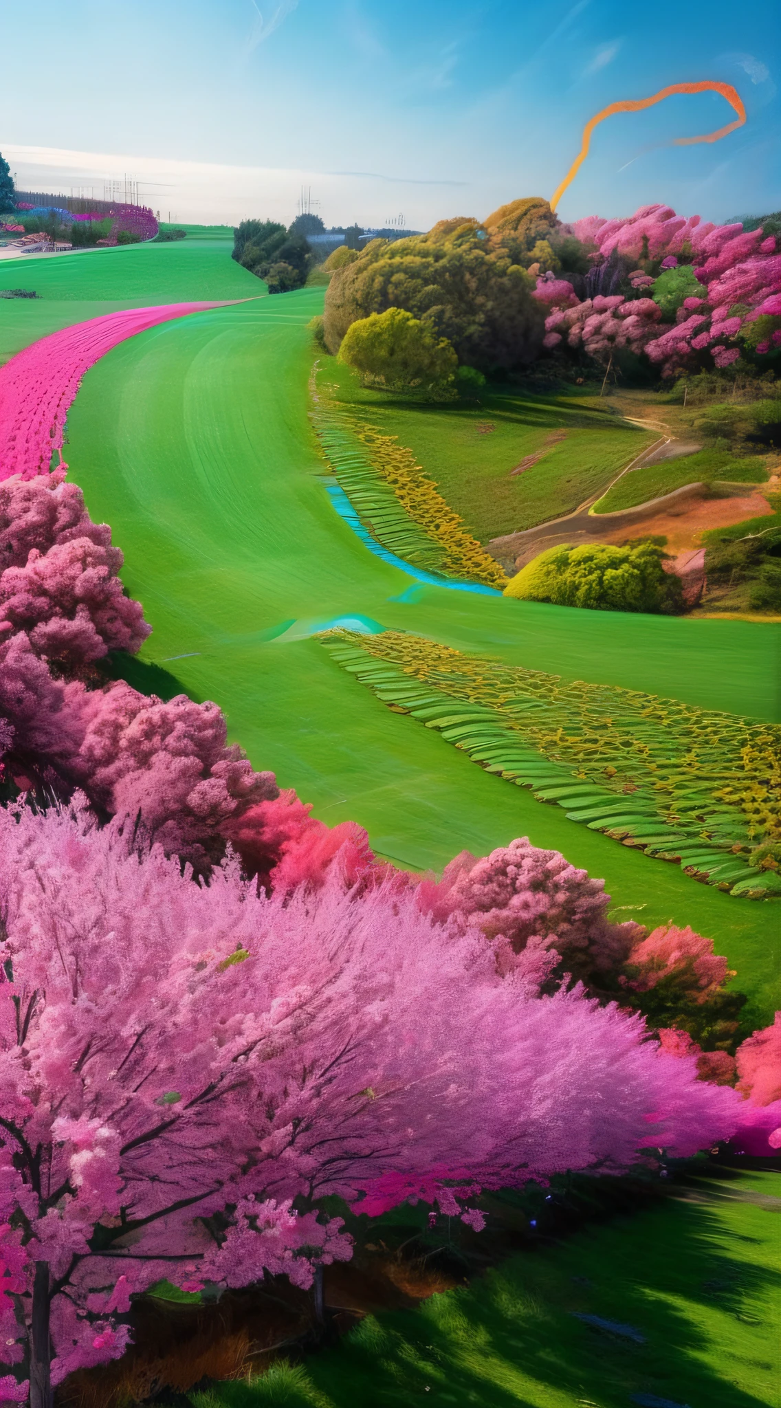 Colorful tornadoes form swirls in the sky above, filling the ground with cherry blossoms