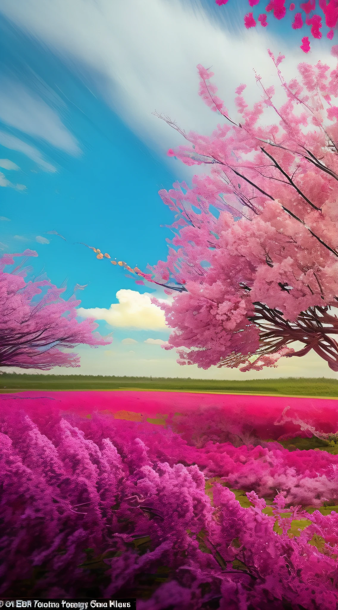 Colorful tornadoes form swirls in the sky above, filling the ground with cherry blossoms