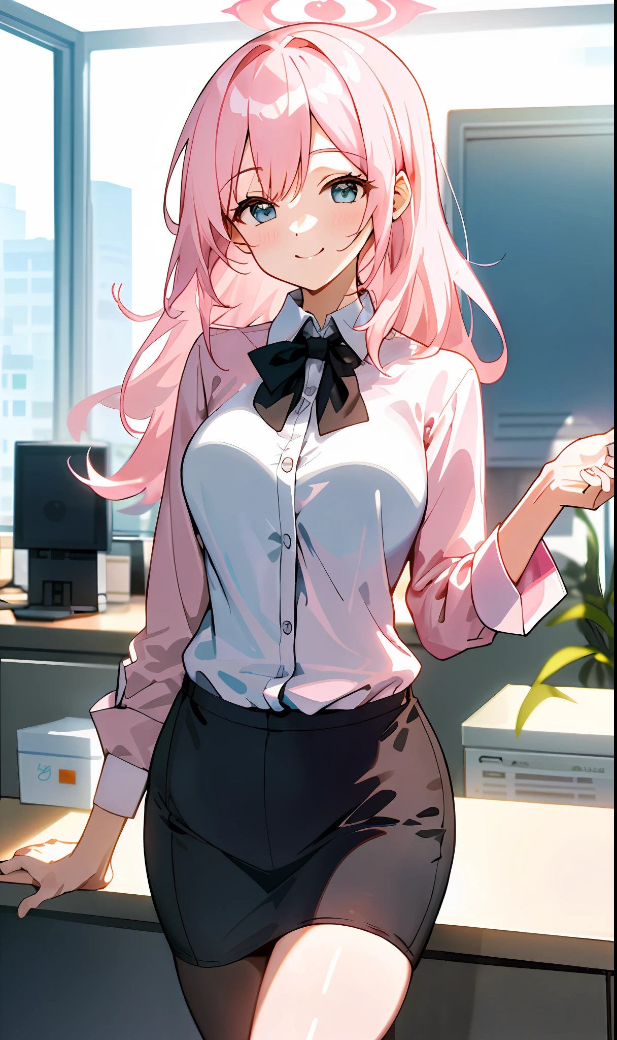 ((masterpiece, best)),(1girl),((mature woman)), light pink hair, dizzy, trumpet, ((office lady)), bangs, mid-chest, (full), slim, smiling, [wide hips] ,office,standing, aru \(blue archive\),