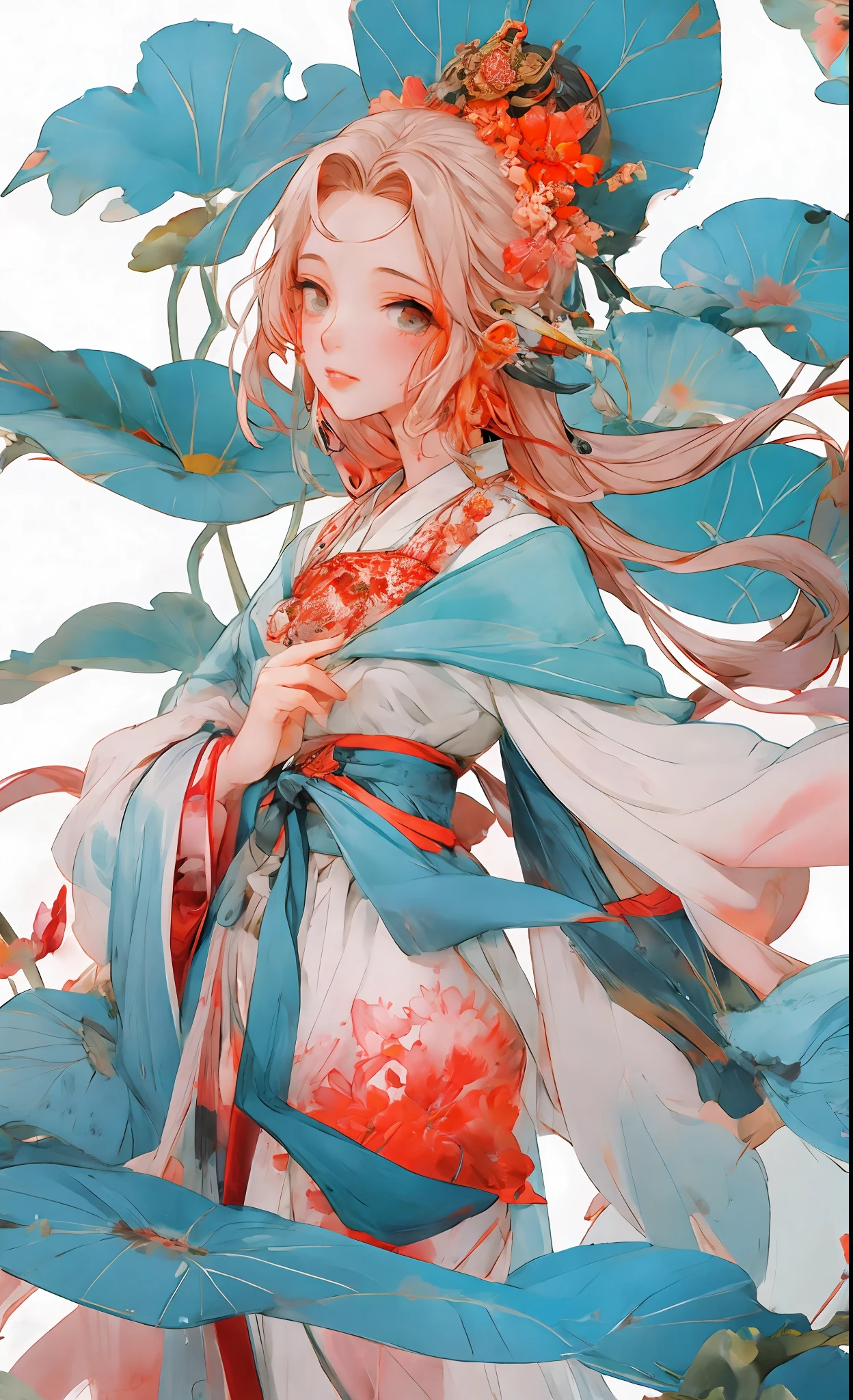 Cold facial features, high nose bridge, slender eyes, hanging eyes, adult female, thirty-year-old female, serious expression, cold, masterpiece, best quality, official art, 8k wallpaper, very detailed, a girl, ancient chinese clothing, full body, sunlight, clear face, clean white background, masterpiece, super detail, epic composition, ultra hd, high quality, extremely detailed, official art, uniform 8k wallpaper, super detail, 32k red pupils, an extremely delicate and beautiful girl, 8k wallpaper, Best quality, full body close-up, white long dress, luxurious silky bright red chiffon flood (illusion, glitter, ultra-thin, soft,) Hanfu illustration, 1 girl, sky blue hair, long hair, detailed eyes, Forrest Gump, bare shoulders, Hanfu, lake, pure, soft smile, bamboo, tea, high quality, masterpiece, masterpiece, exquisite facial features, delicate hair, delicate eyes, delicate colored hair, 4K picture quality, brilliant light and shadow, Tyndall effect, halo, messy hair, youthful state, gorgeous scene, exquisite clothes, chains , feathers, big eyes of ancient Chinese beauties very detailed, digital painting, artstation, concept art, clear focus, illustration, art by Greg Rutkowski and Alphonse Mucha and Victo ngai